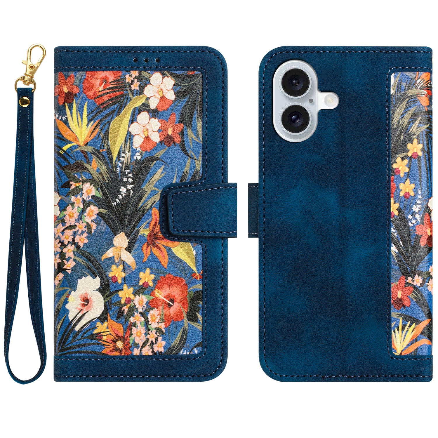 For iPhone 16 Case Flower Pattern PU Leather Phone Cover with Card Slots - Dark Blue