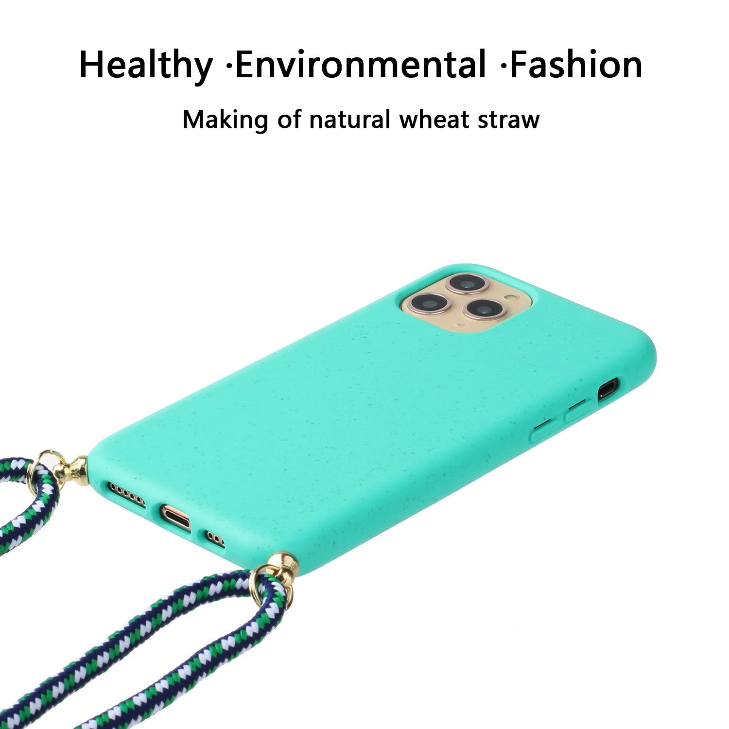 For iPhone 16 Pro Case with Lanyard Wheat Straw+TPU Phone Cover Biodegradable Recyclable - Sky Blue