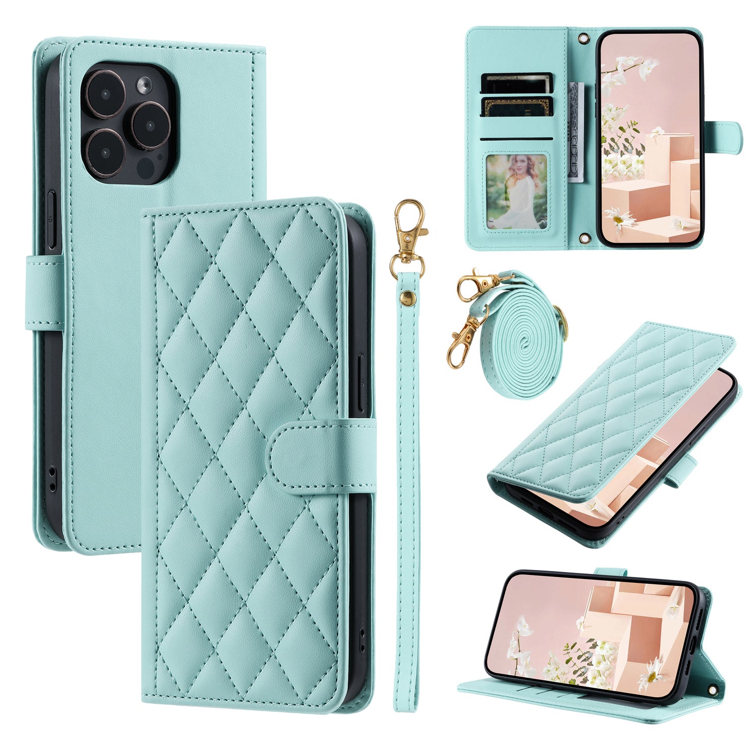 For iPhone 16 Pro Max Wallet Case Rhombus Grid PU Leather Phone Cover - Mint Green