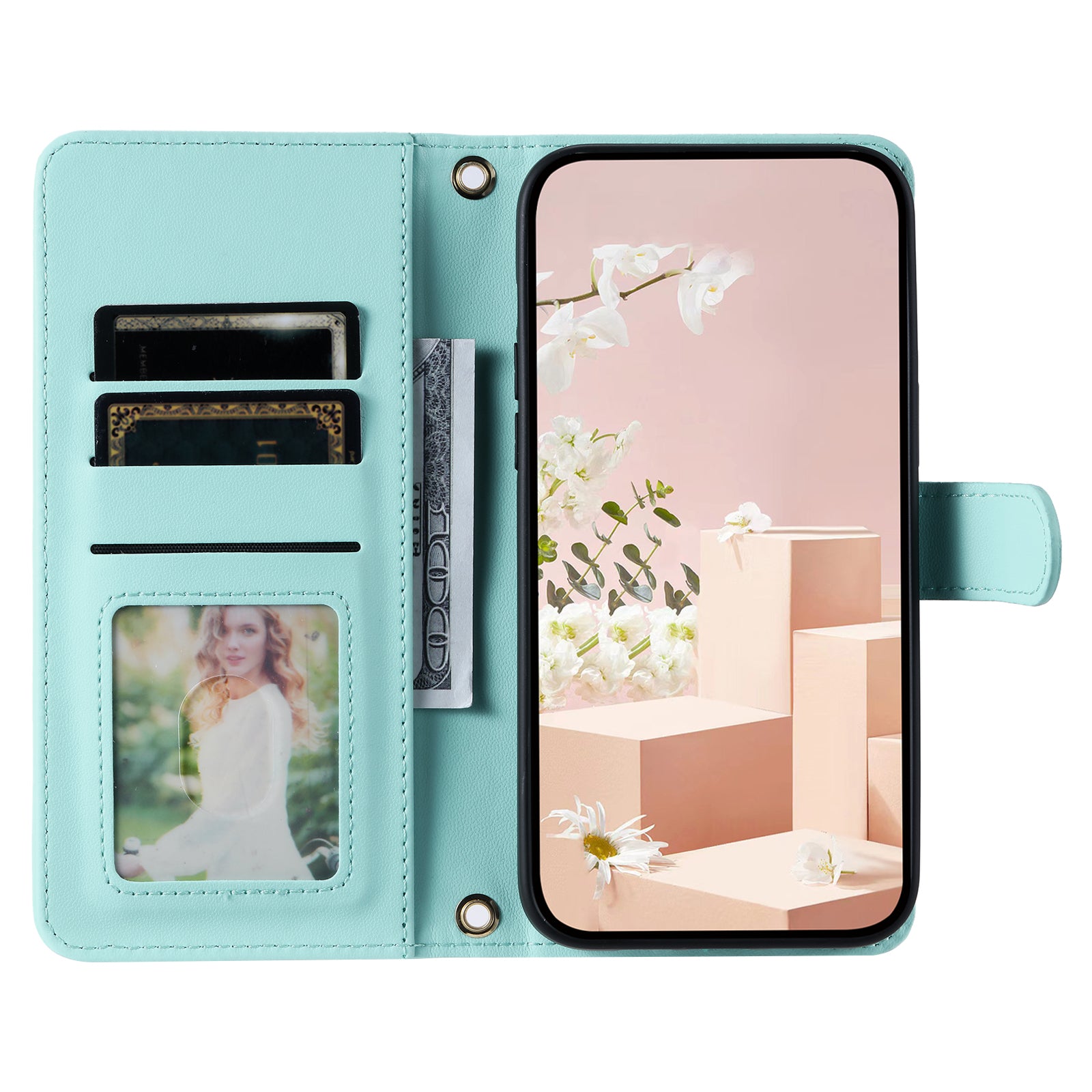 For iPhone 16 Pro Max Wallet Case Rhombus Grid PU Leather Phone Cover - Mint Green