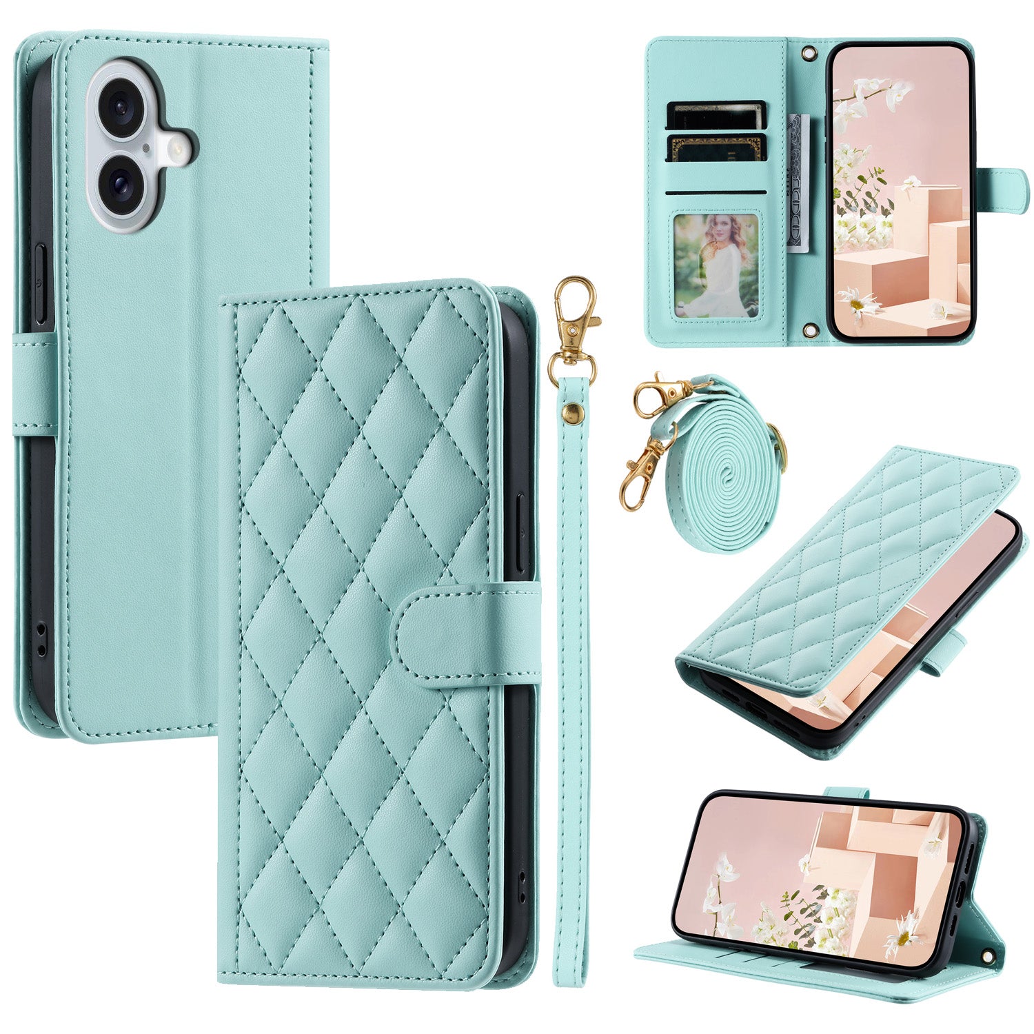 For iPhone 16 Plus Case Rhombus Grid PU Leather Wallet Crossbody Phone Cover - Mint Green