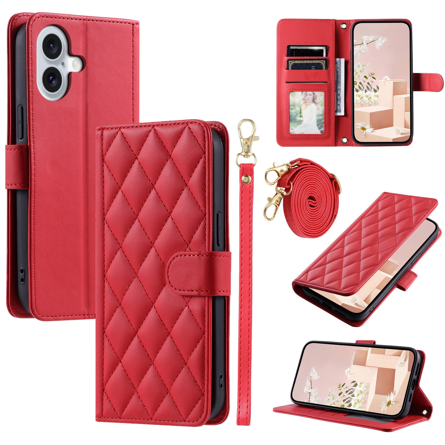 For iPhone 16 Case Rhombus Grid Leather Phone Cover with 2 Straps - Red