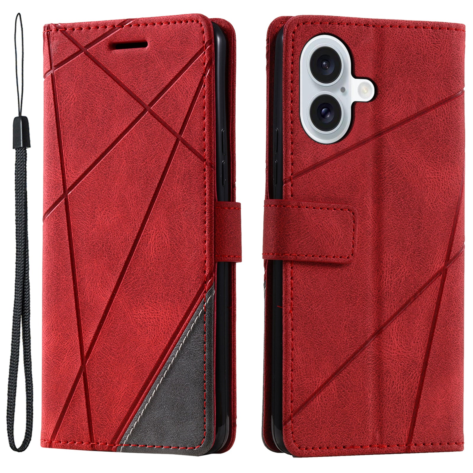 For iPhone 16 Case Imprinted Lines PU Leather Wallet Splicing Phone Cover - Red