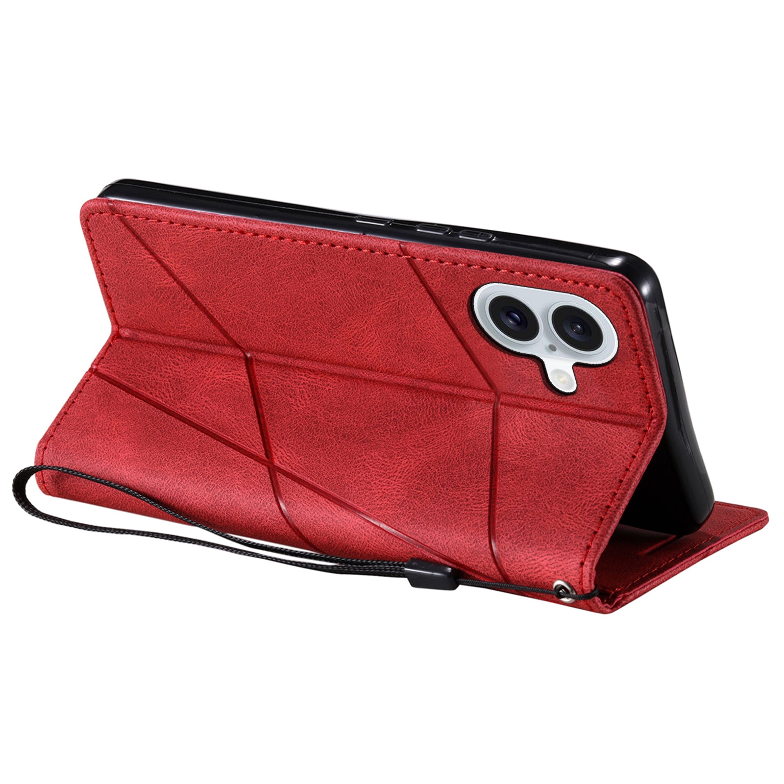 For iPhone 16 Case Imprinted Lines PU Leather Wallet Splicing Phone Cover - Red