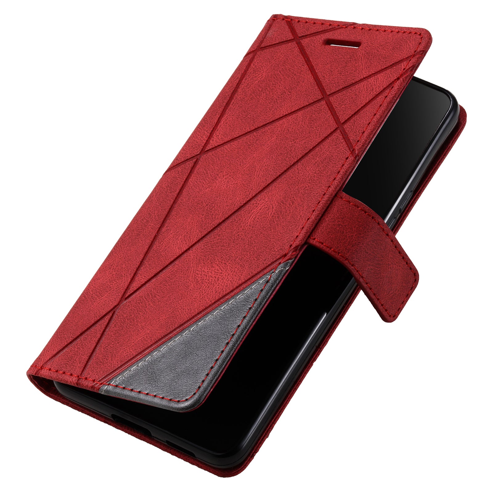 For iPhone 16 Case Imprinted Lines PU Leather Wallet Splicing Phone Cover - Red