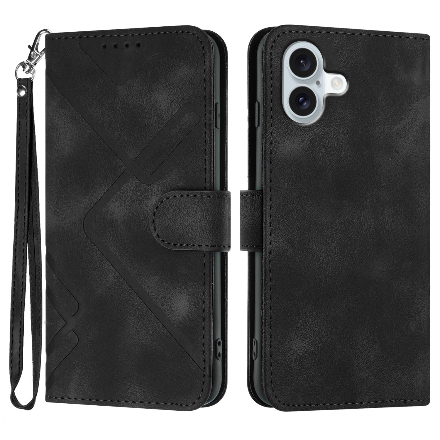 YX0040 For iPhone 16 Plus Case Geometric Leather Phone Cover with Wallet Stand - Black