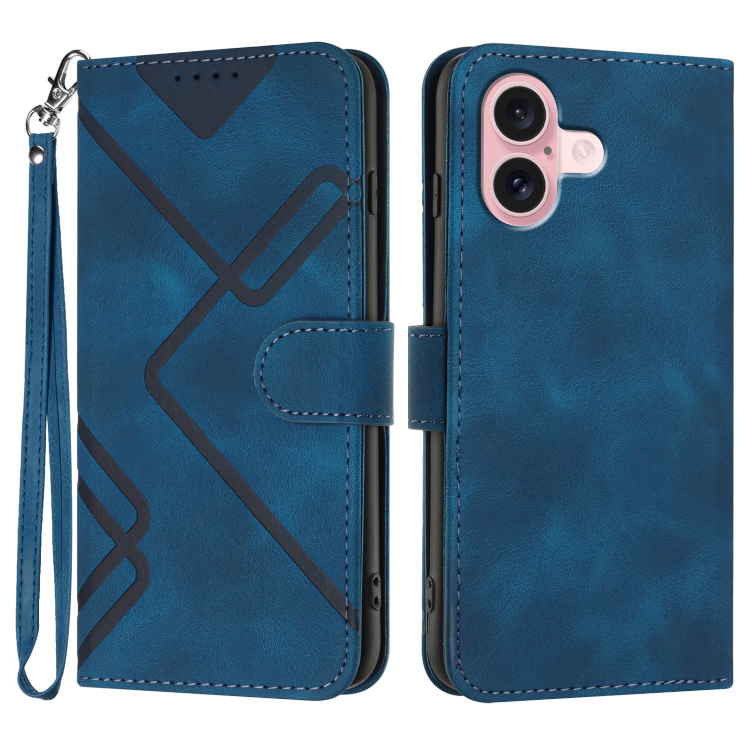 YX0040 For iPhone 16 Case Leather Wallet Flip Phone Cover Geometry Imprinted - Sapphire