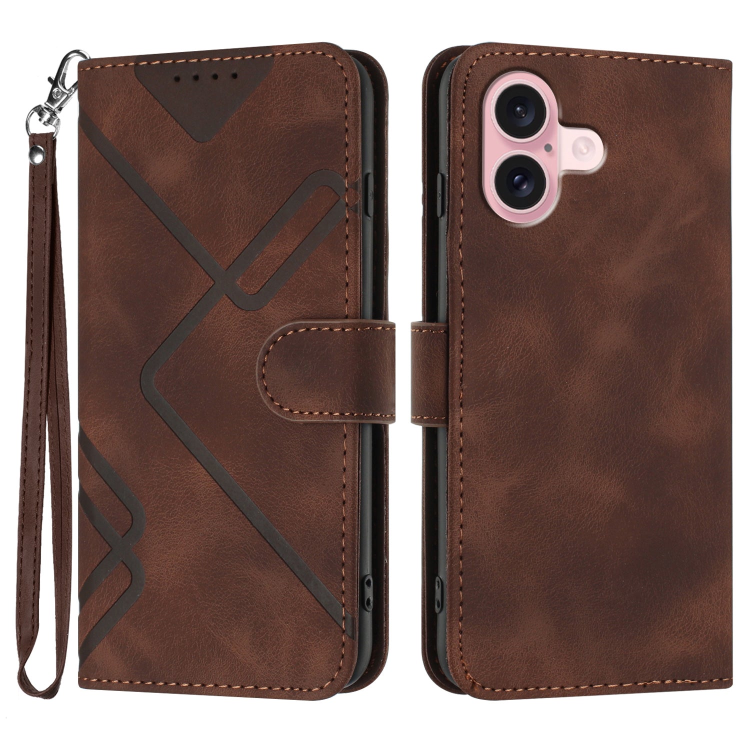 YX0040 For iPhone 16 Case Leather Wallet Flip Phone Cover Geometry Imprinted - Coffee