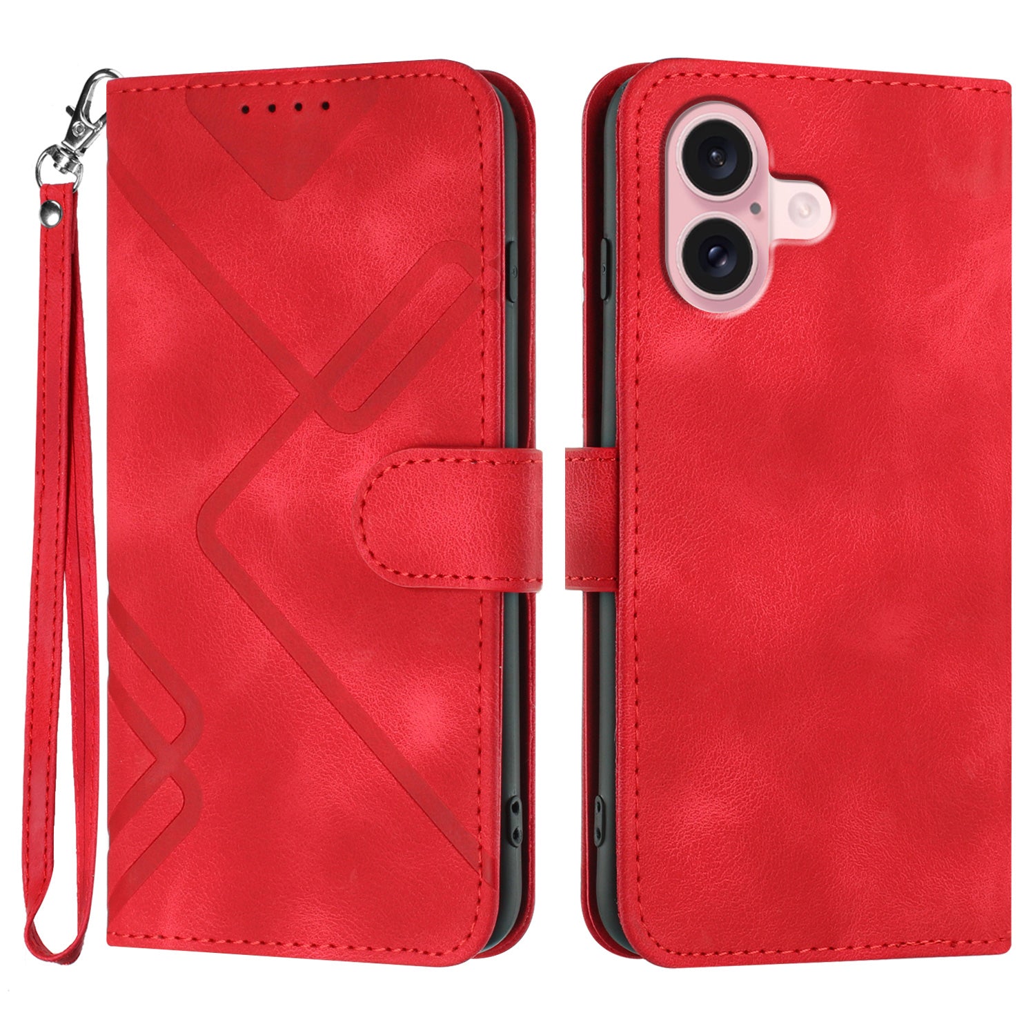 YX0040 For iPhone 16 Case Leather Wallet Flip Phone Cover Geometry Imprinted - Red