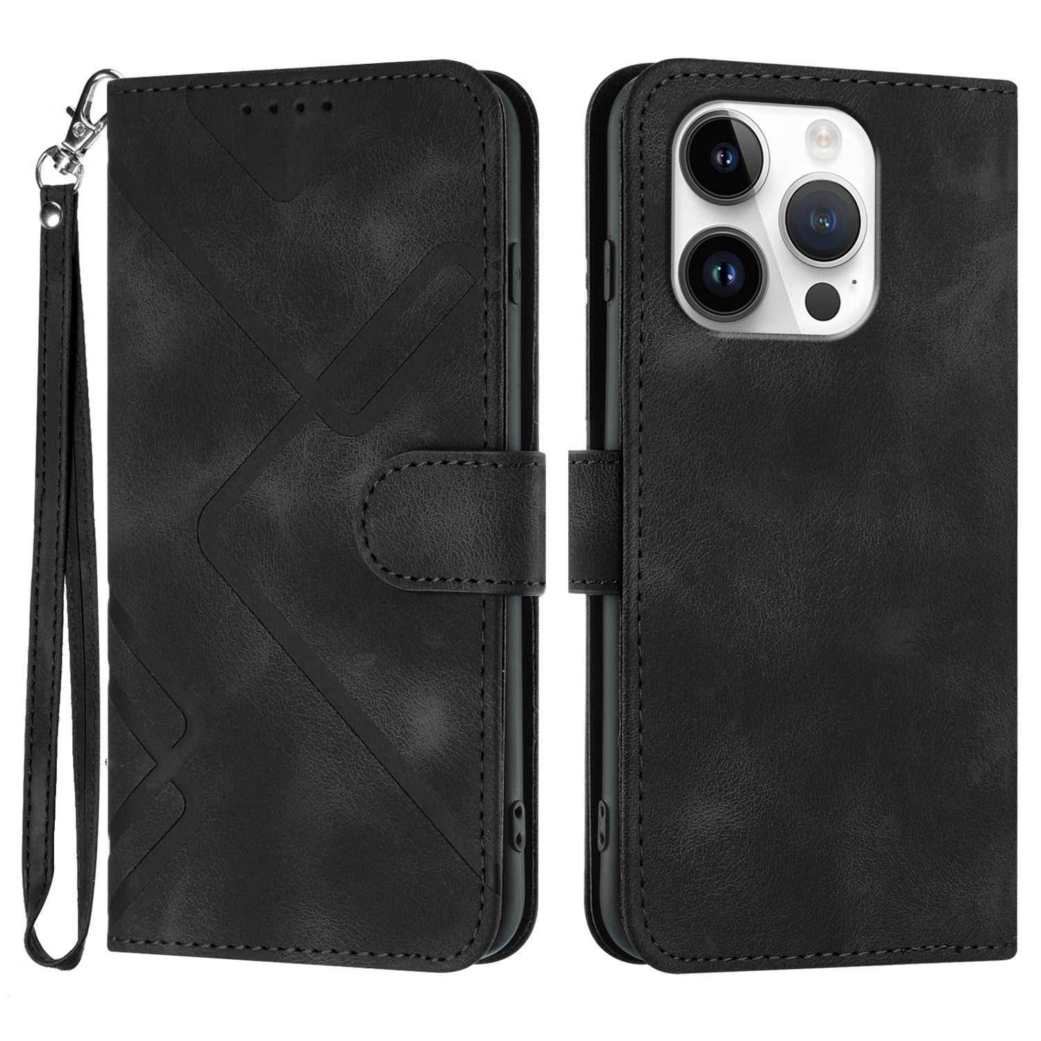 YX0040 For iPhone 16 Pro Leather Case Geometry Pattern Wallet Phone Cover - Black