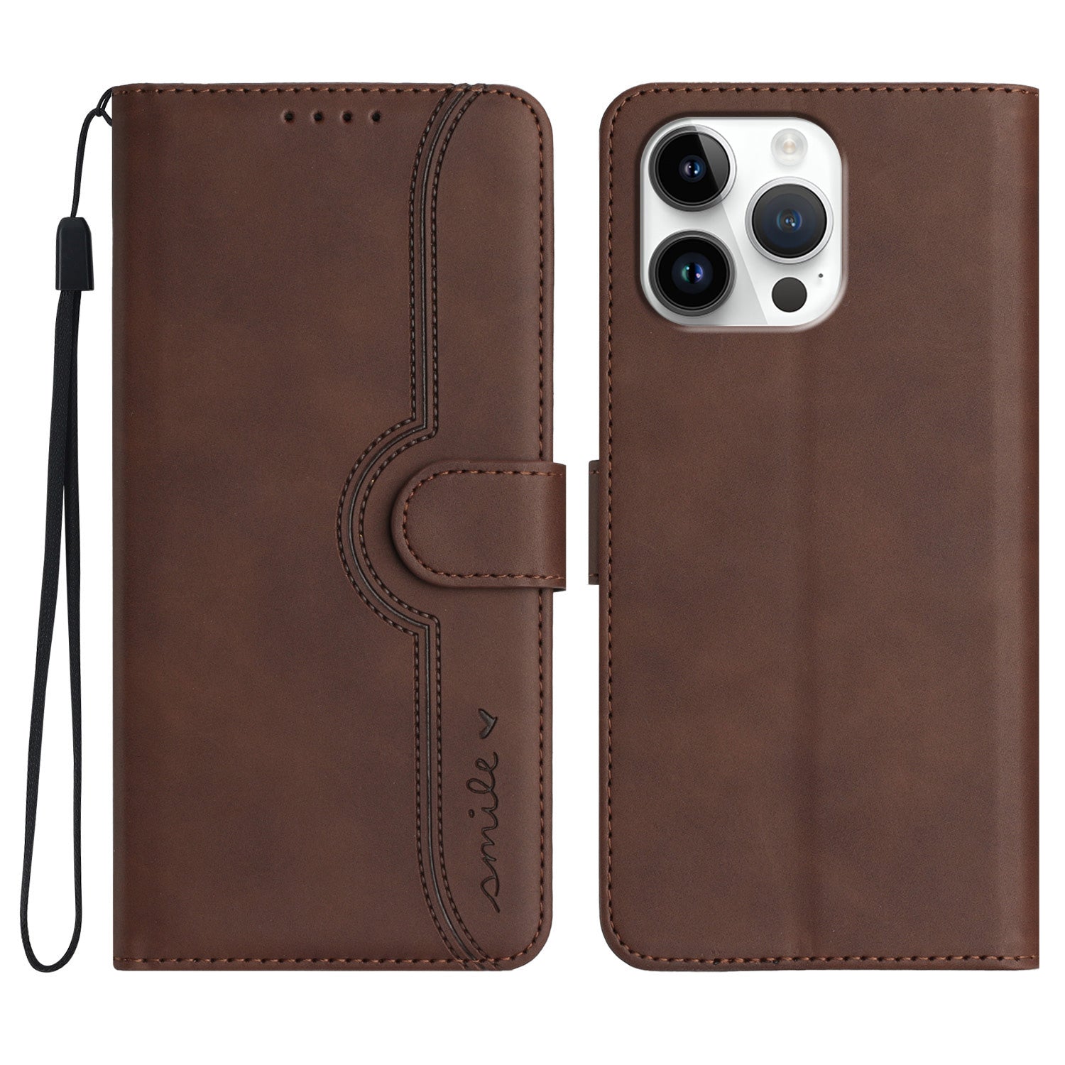 YX0030 For iPhone 16 Pro Max Case PU Leather Wallet Phone Cover Smile Letter - Coffee