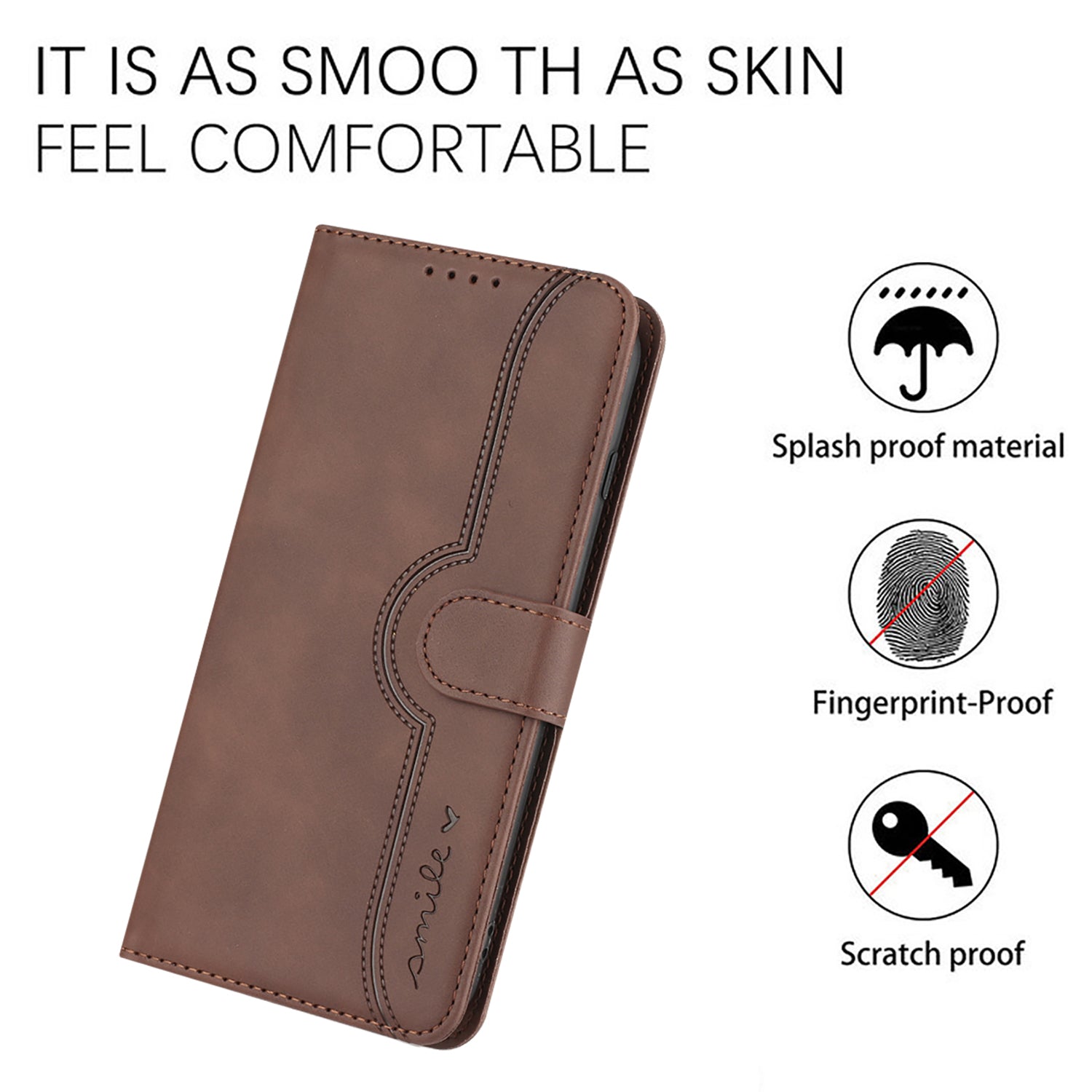 YX0030 For iPhone 16 Pro Max Case PU Leather Wallet Phone Cover Smile Letter - Coffee