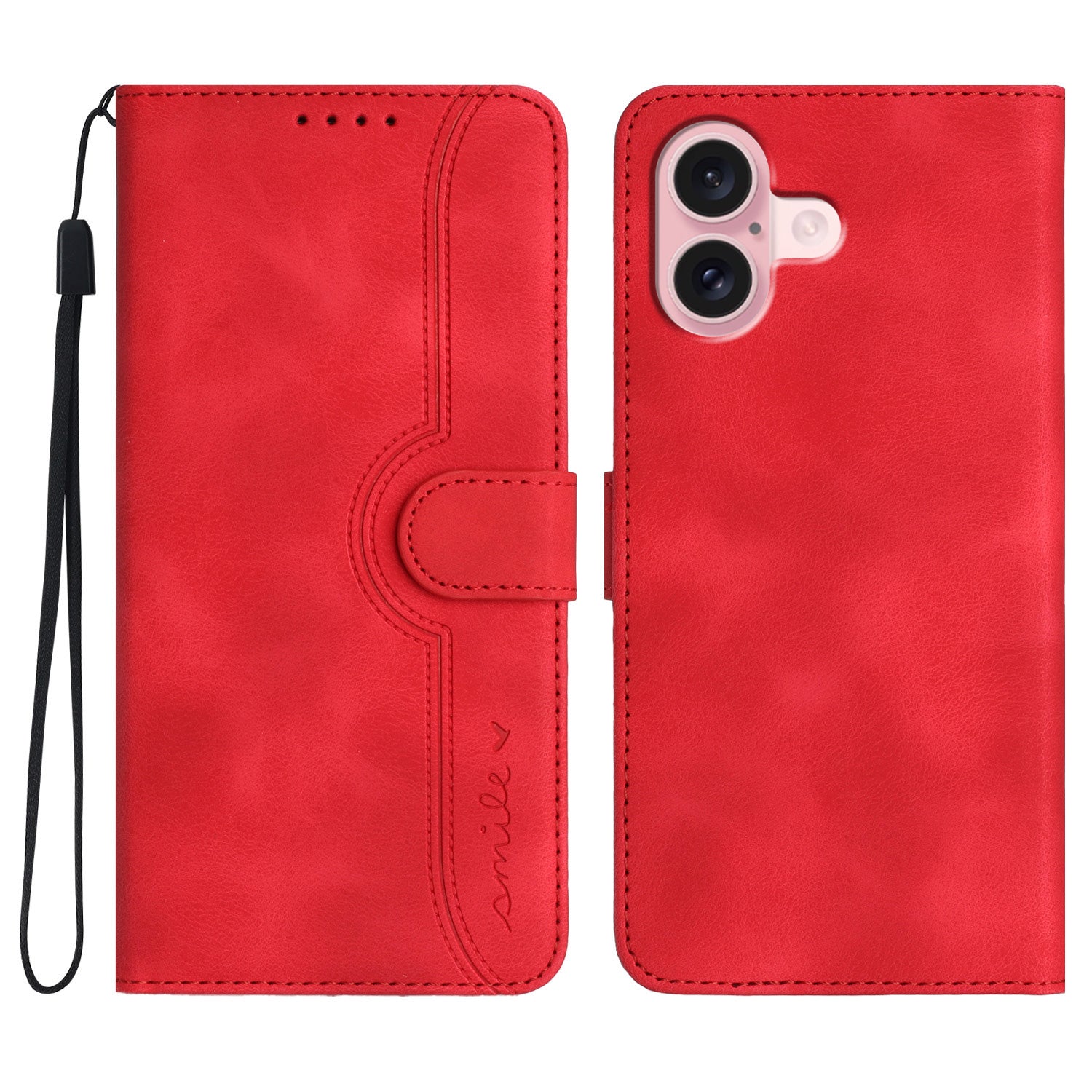 YX0030 For iPhone 16 Case Smile Letter Wallet Leather Flip Phone Cover - Red