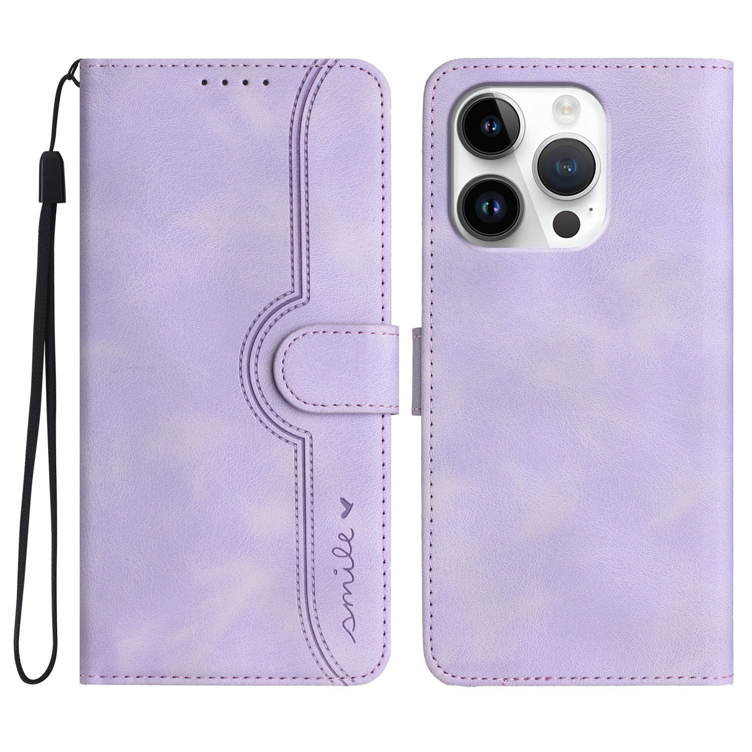 YX0030 For iPhone 16 Pro Case Smile Imprinted Leather Phone Cover with Wallet - Light Purple