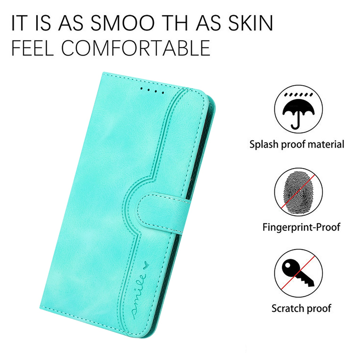 YX0030 For iPhone 16 Pro Case Smile Imprinted Leather Phone Cover with Wallet - Baby Blue