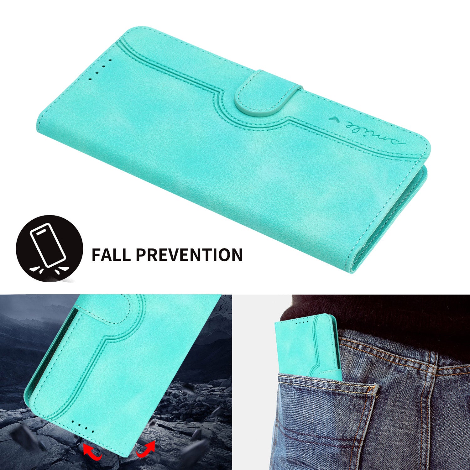 YX0030 For iPhone 16 Pro Case Smile Imprinted Leather Phone Cover with Wallet - Baby Blue