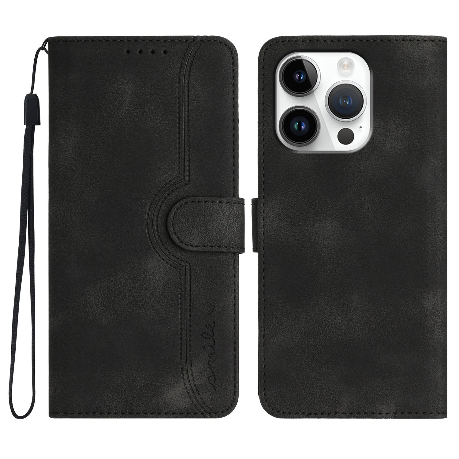 YX0030 For iPhone 16 Pro Case Smile Imprinted Leather Phone Cover with Wallet - Black