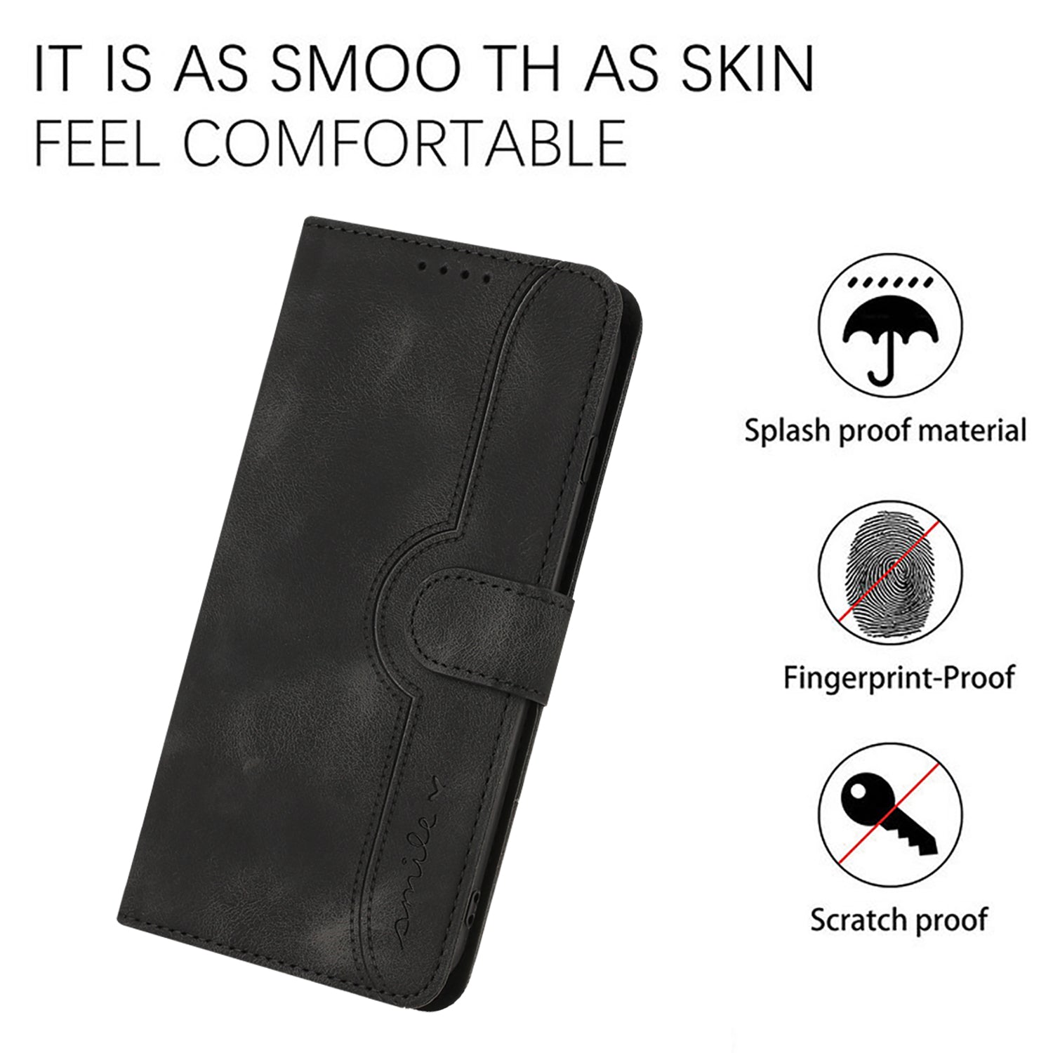 YX0030 For iPhone 16 Pro Case Smile Imprinted Leather Phone Cover with Wallet - Black