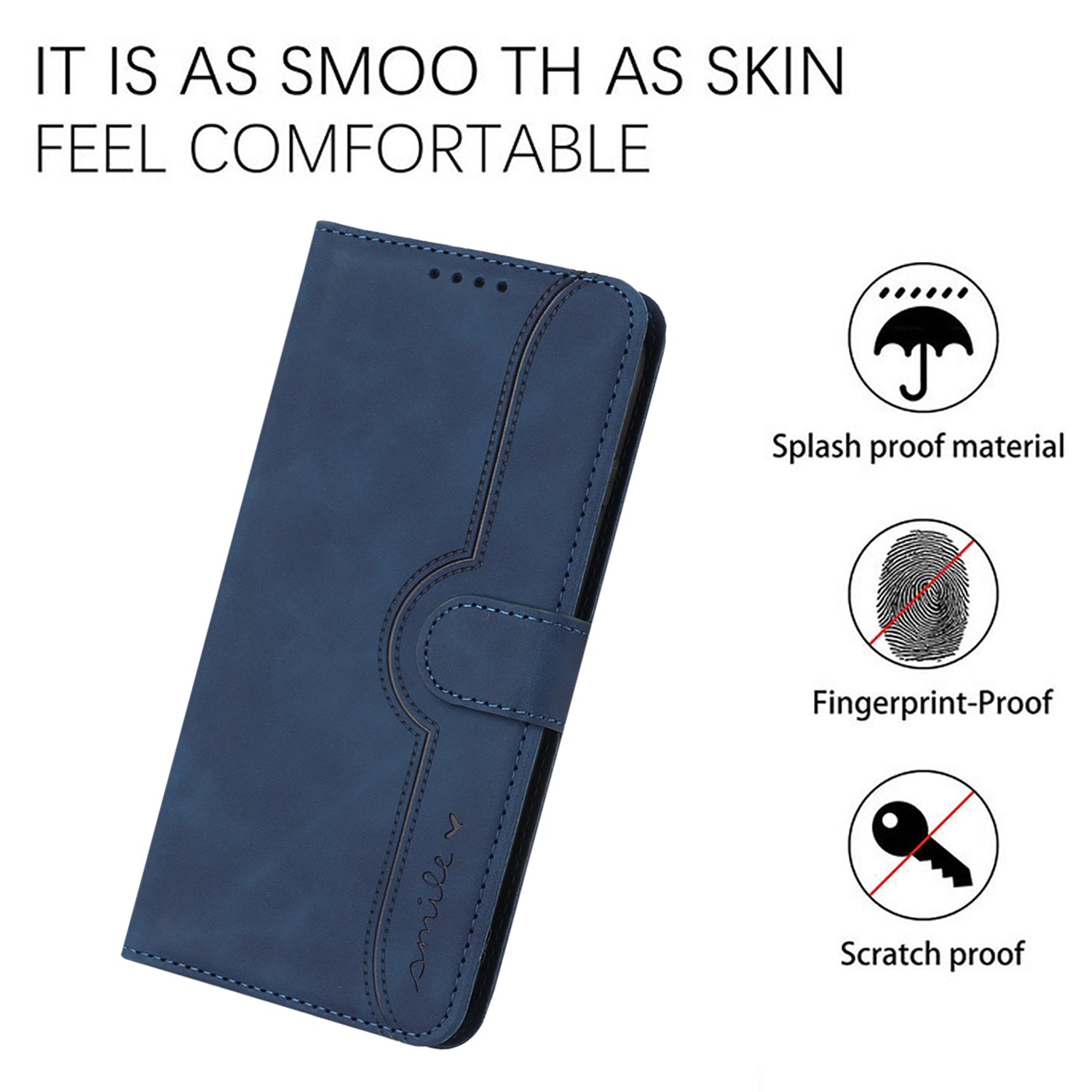 YX0030 For iPhone 16 Pro Case Smile Imprinted Leather Phone Cover with Wallet - Sapphire