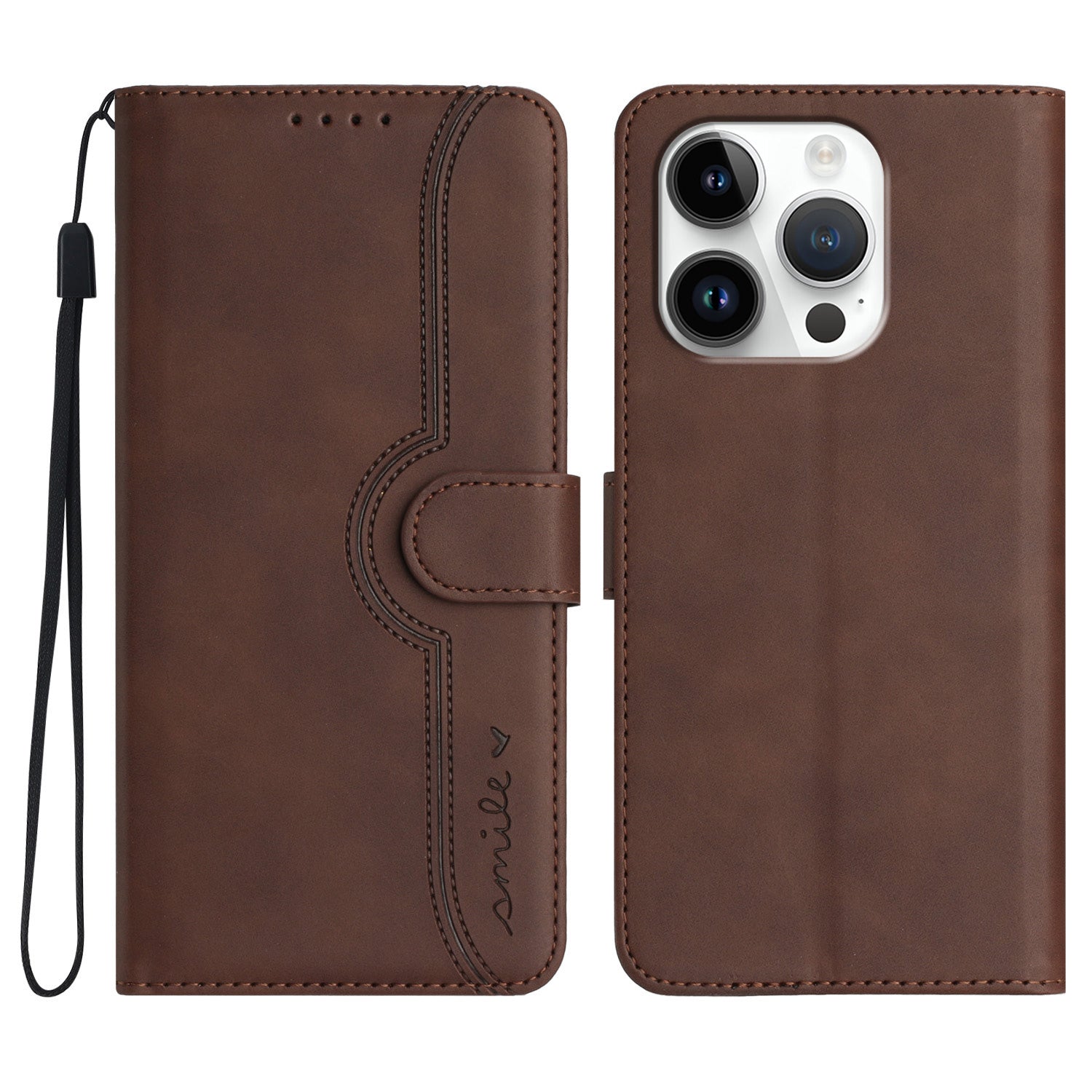 YX0030 For iPhone 16 Pro Case Smile Imprinted Leather Phone Cover with Wallet - Coffee