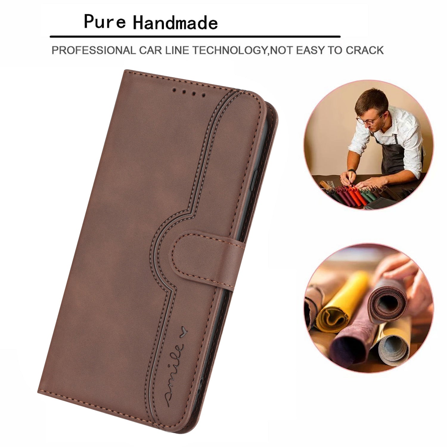 YX0030 For iPhone 16 Pro Case Smile Imprinted Leather Phone Cover with Wallet - Coffee