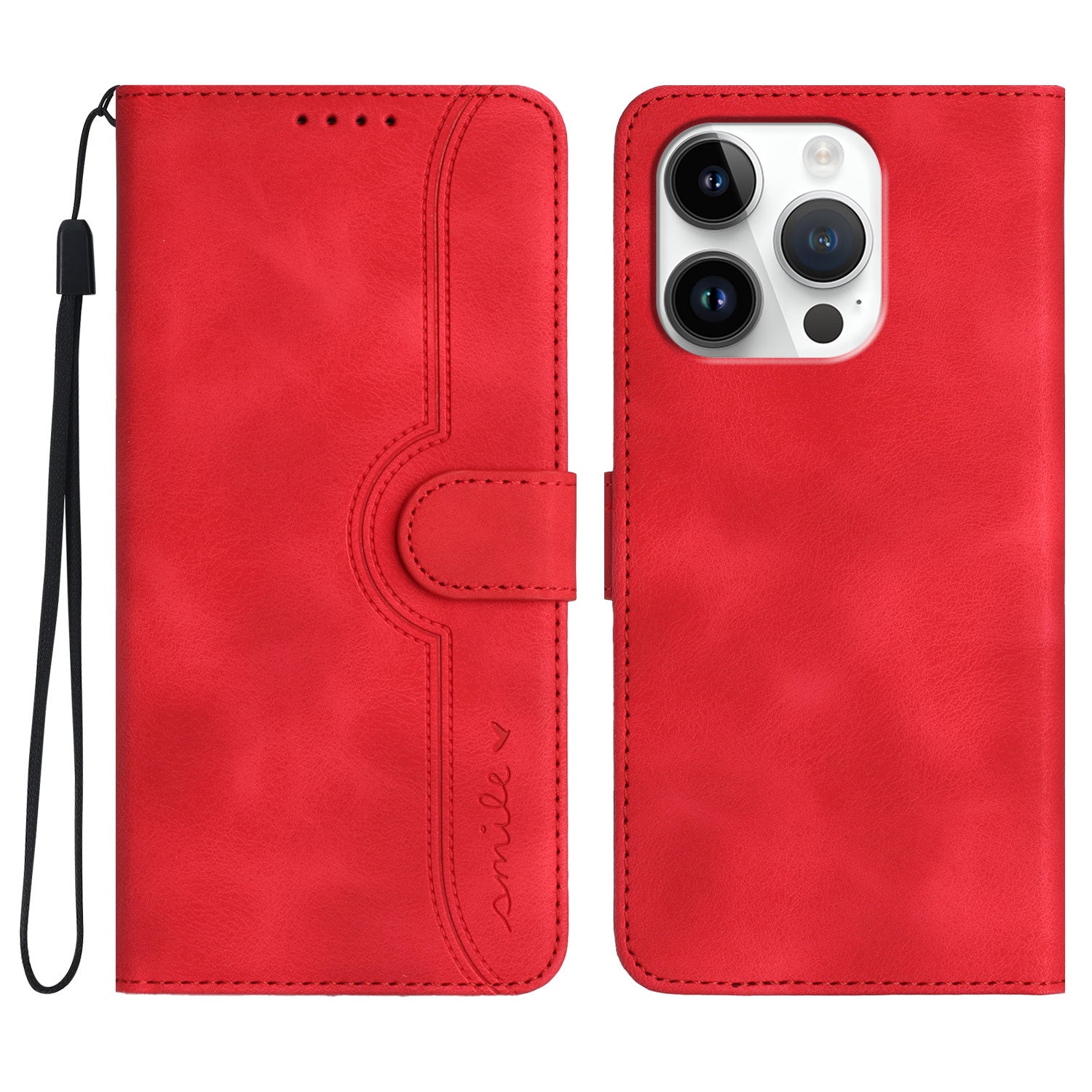 YX0030 For iPhone 16 Pro Case Smile Imprinted Leather Phone Cover with Wallet - Red