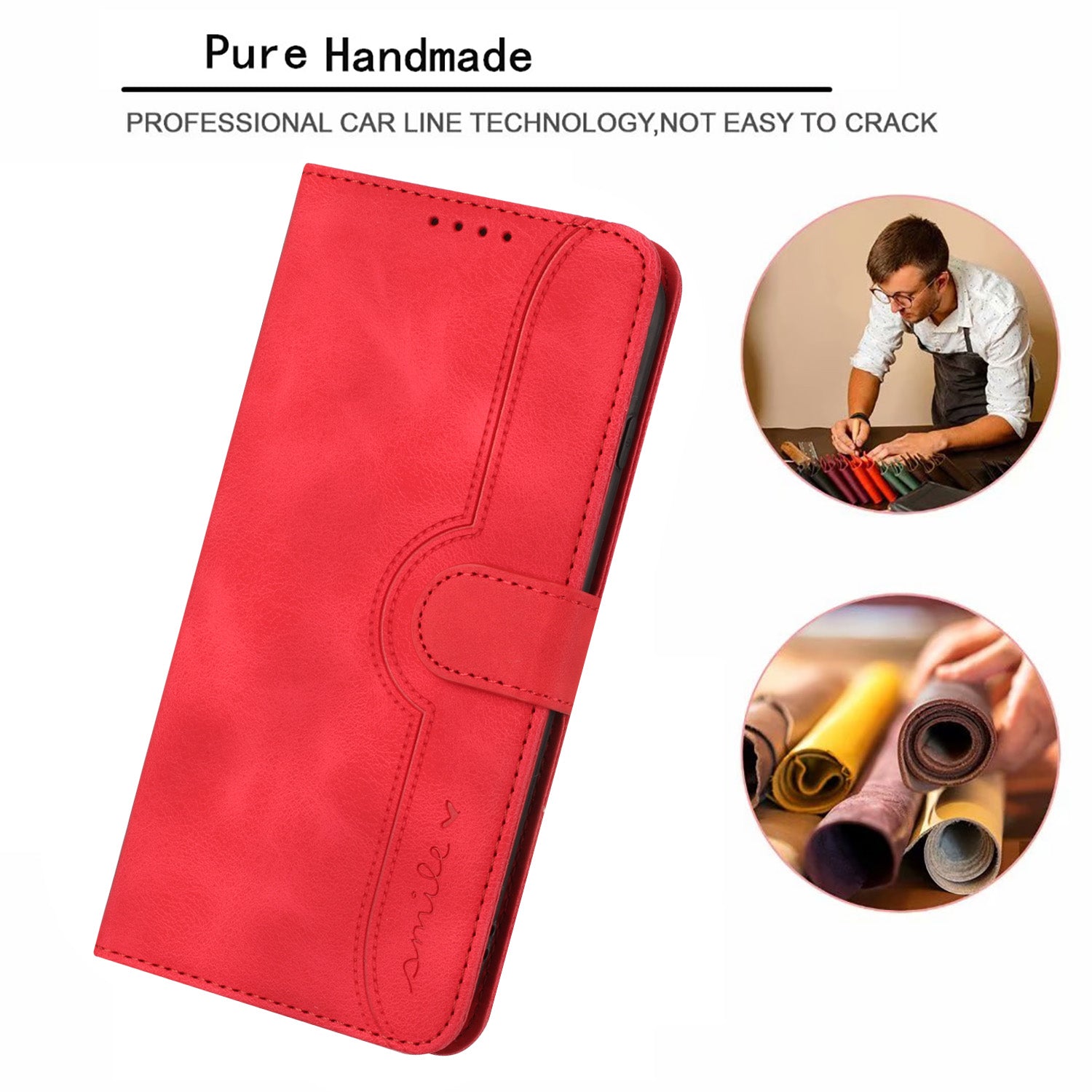 YX0030 For iPhone 16 Pro Case Smile Imprinted Leather Phone Cover with Wallet - Red