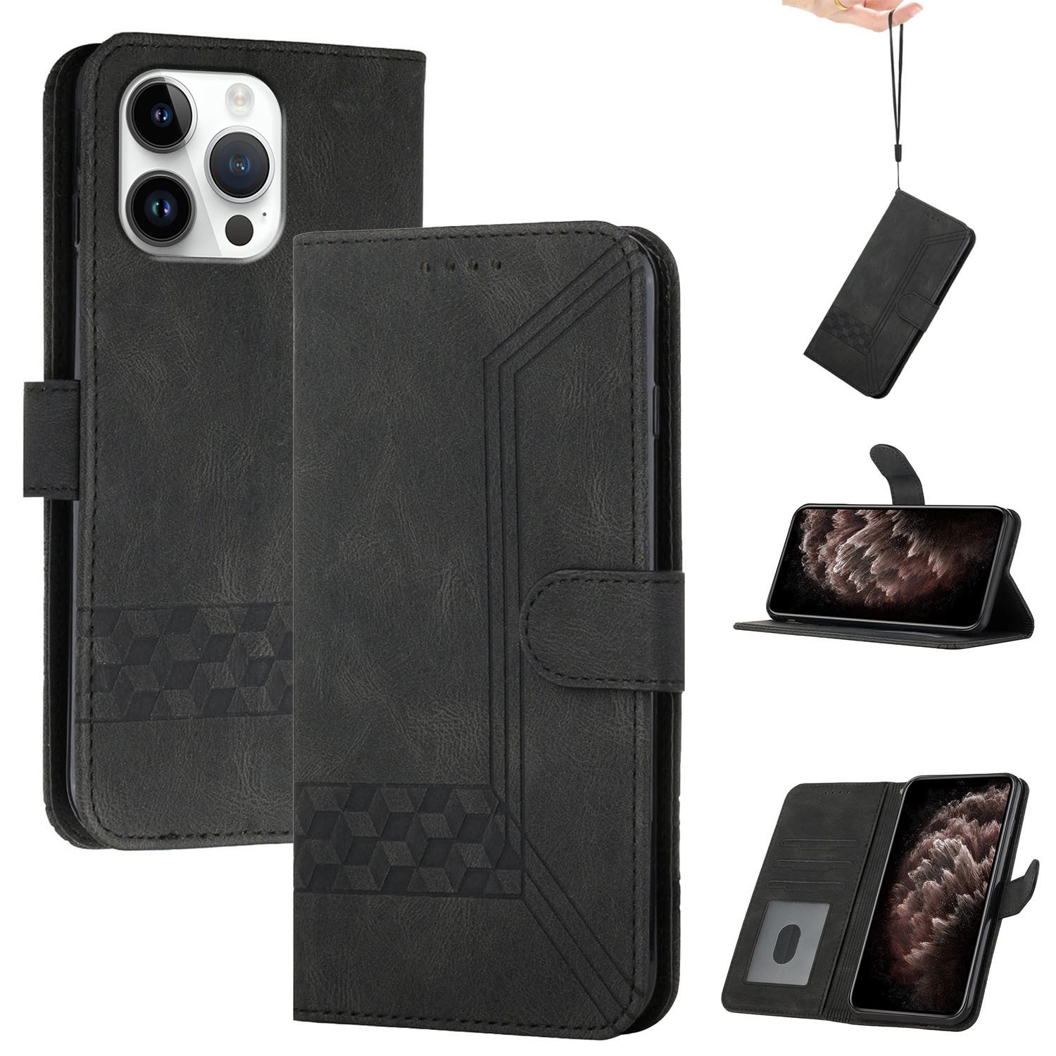 YX0010 Series for iPhone 16 Pro Max Case Skin Feeling PU Leather Wallet Phone Cover - Black