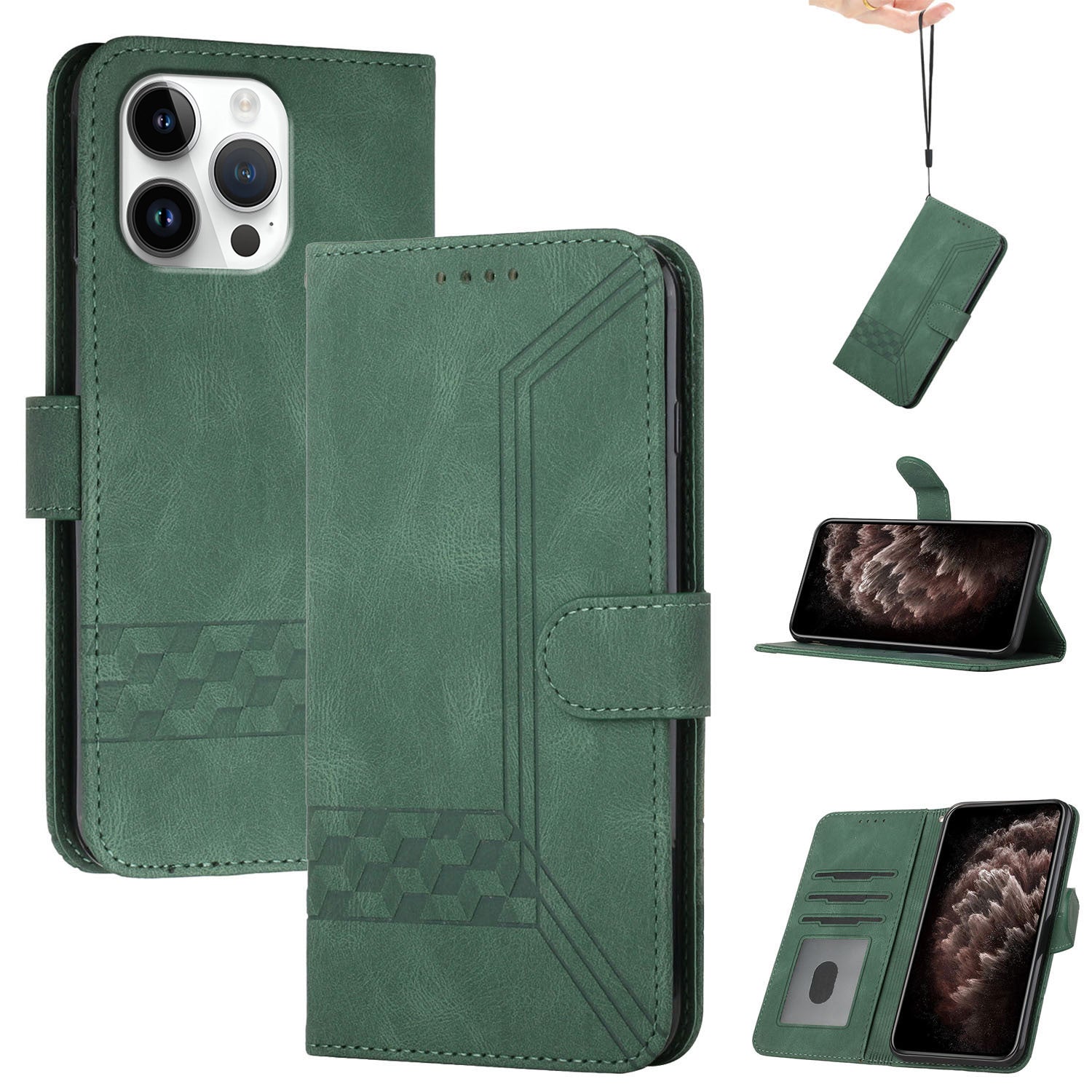 YX0010 Series for iPhone 16 Pro Max Case Skin Feeling PU Leather Wallet Phone Cover - Blackish Green