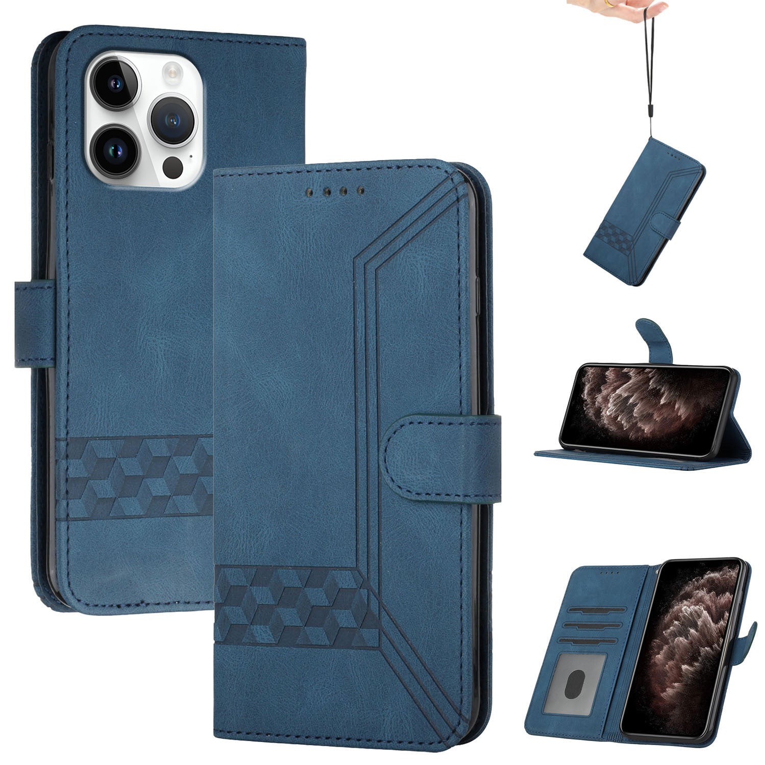 YX0010 Series for iPhone 16 Pro Max Case Skin Feeling PU Leather Wallet Phone Cover - Sapphire