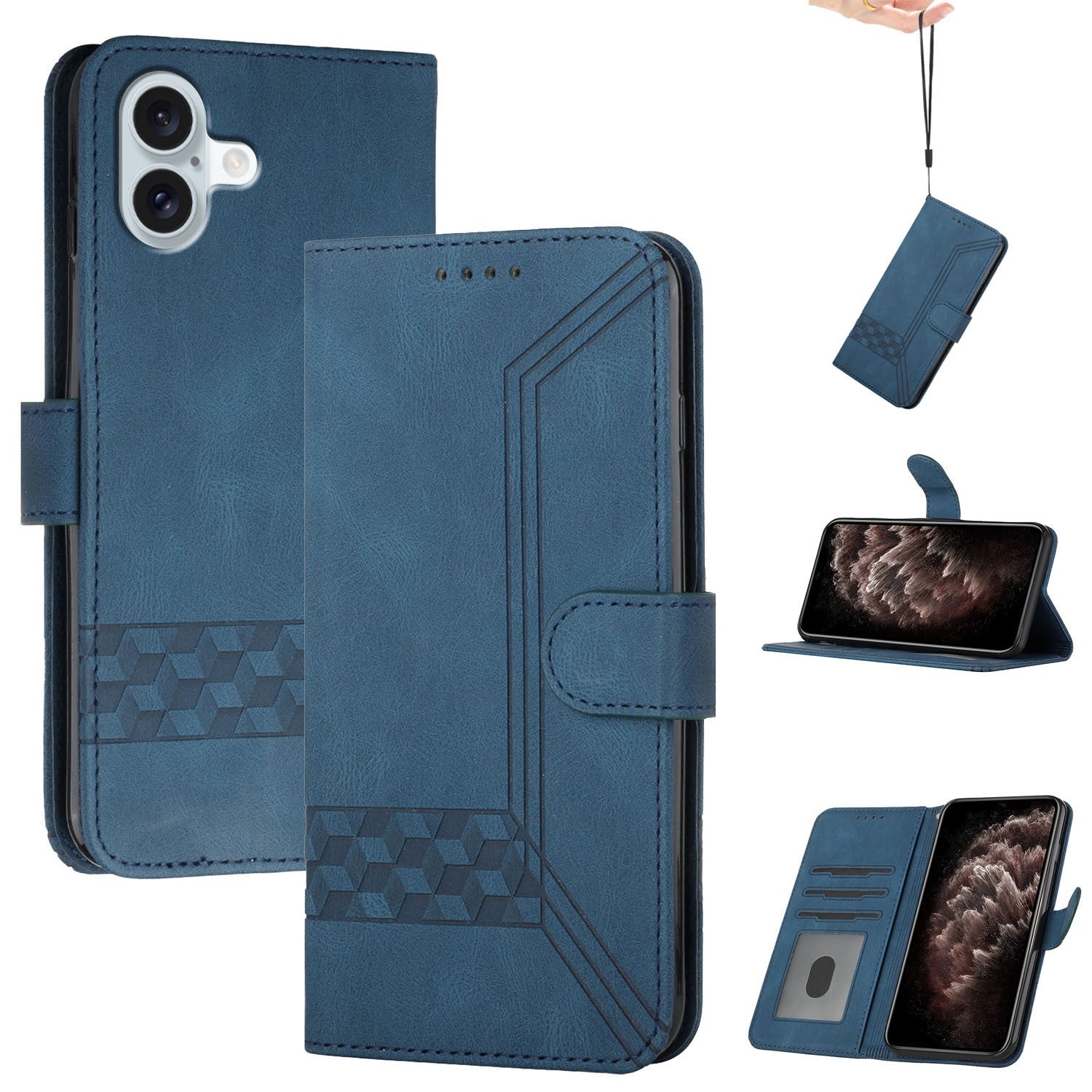 YX0010 Series for iPhone 16 Plus Case Rhombud Lines Imprinted Leather Phone Cover - Sapphire