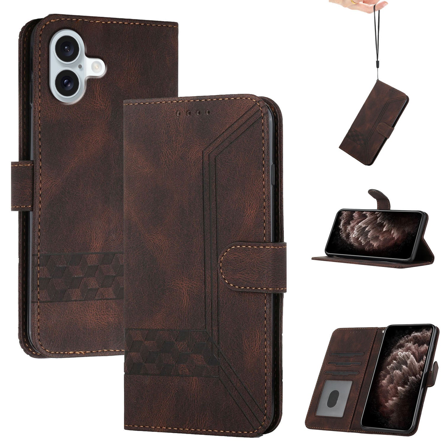 YX0010 Series for iPhone 16 Plus Case Rhombud Lines Imprinted Leather Phone Cover - Coffee