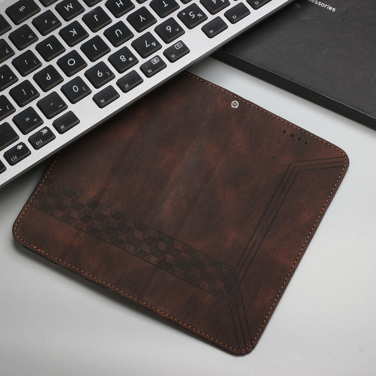 YX0010 Series for iPhone 16 Plus Case Rhombud Lines Imprinted Leather Phone Cover - Coffee