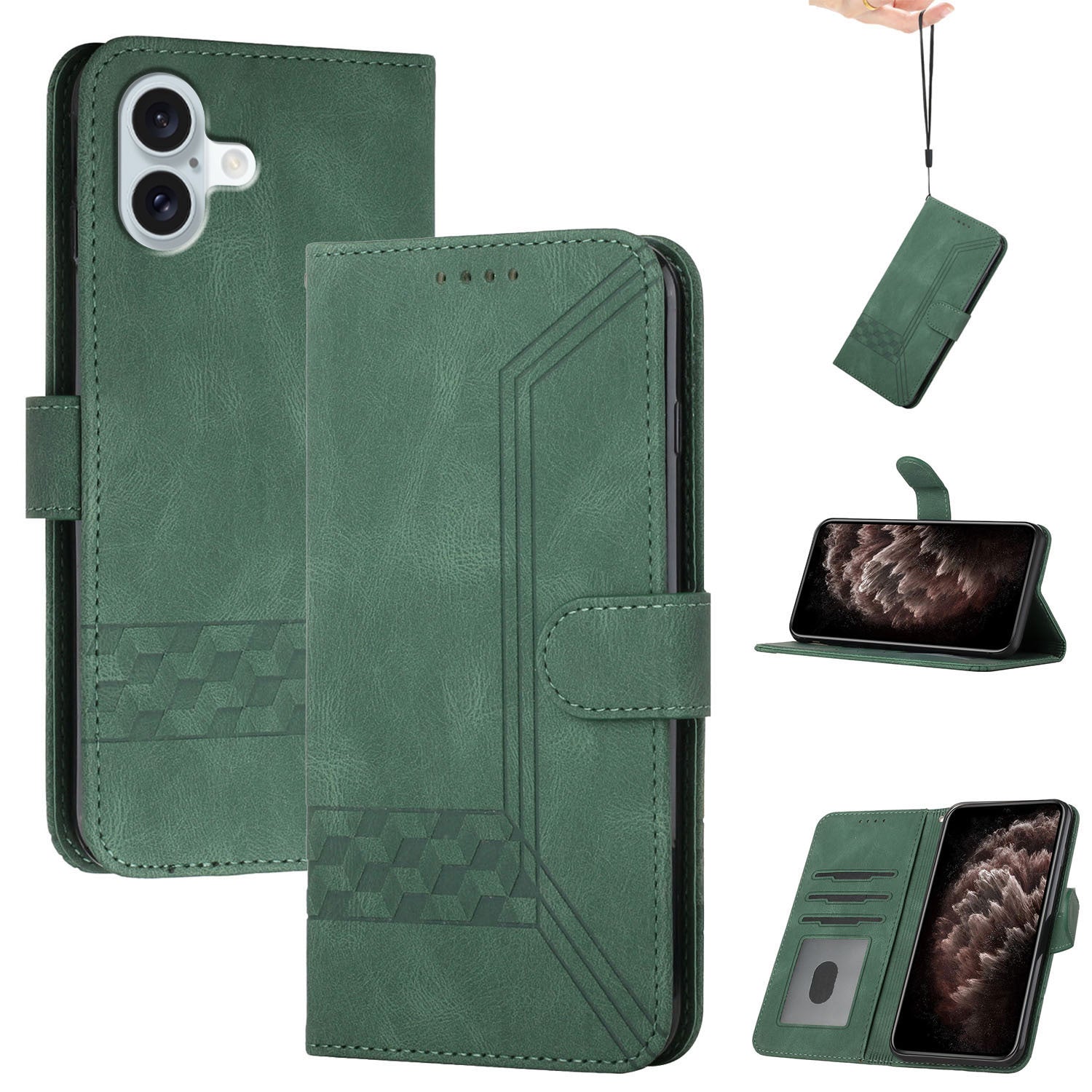 YX0010 Series for iPhone 16 Plus Case Rhombud Lines Imprinted Leather Phone Cover - Blackish Green