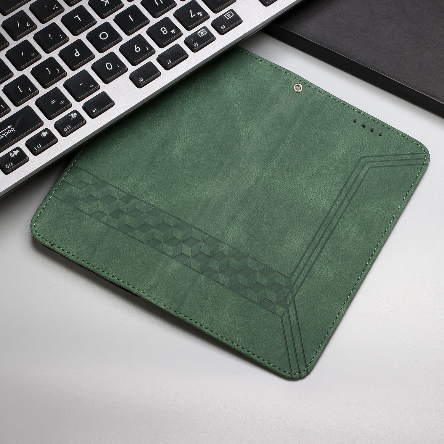 YX0010 Series for iPhone 16 Plus Case Rhombud Lines Imprinted Leather Phone Cover - Blackish Green