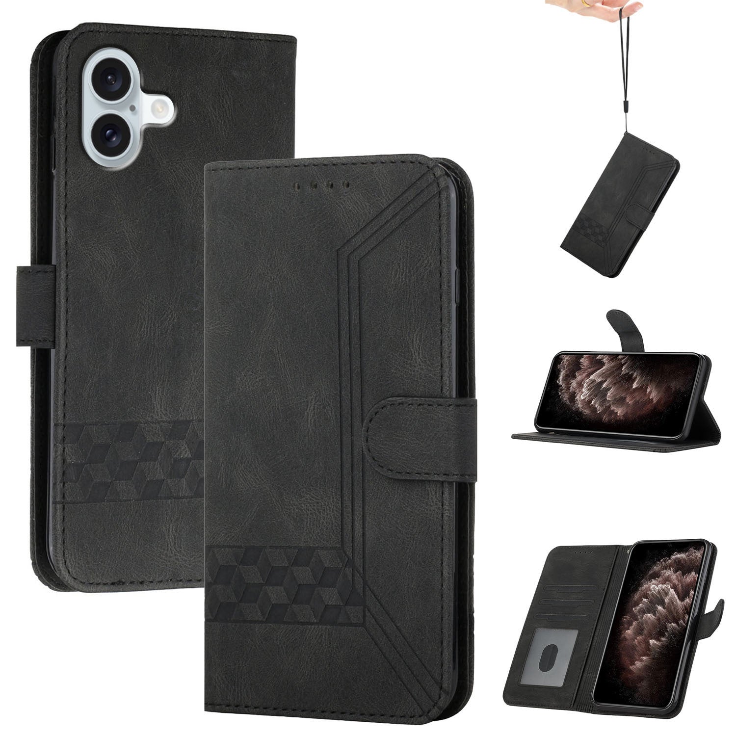 YX0010 Series for iPhone 16 Plus Case Rhombud Lines Imprinted Leather Phone Cover - Black