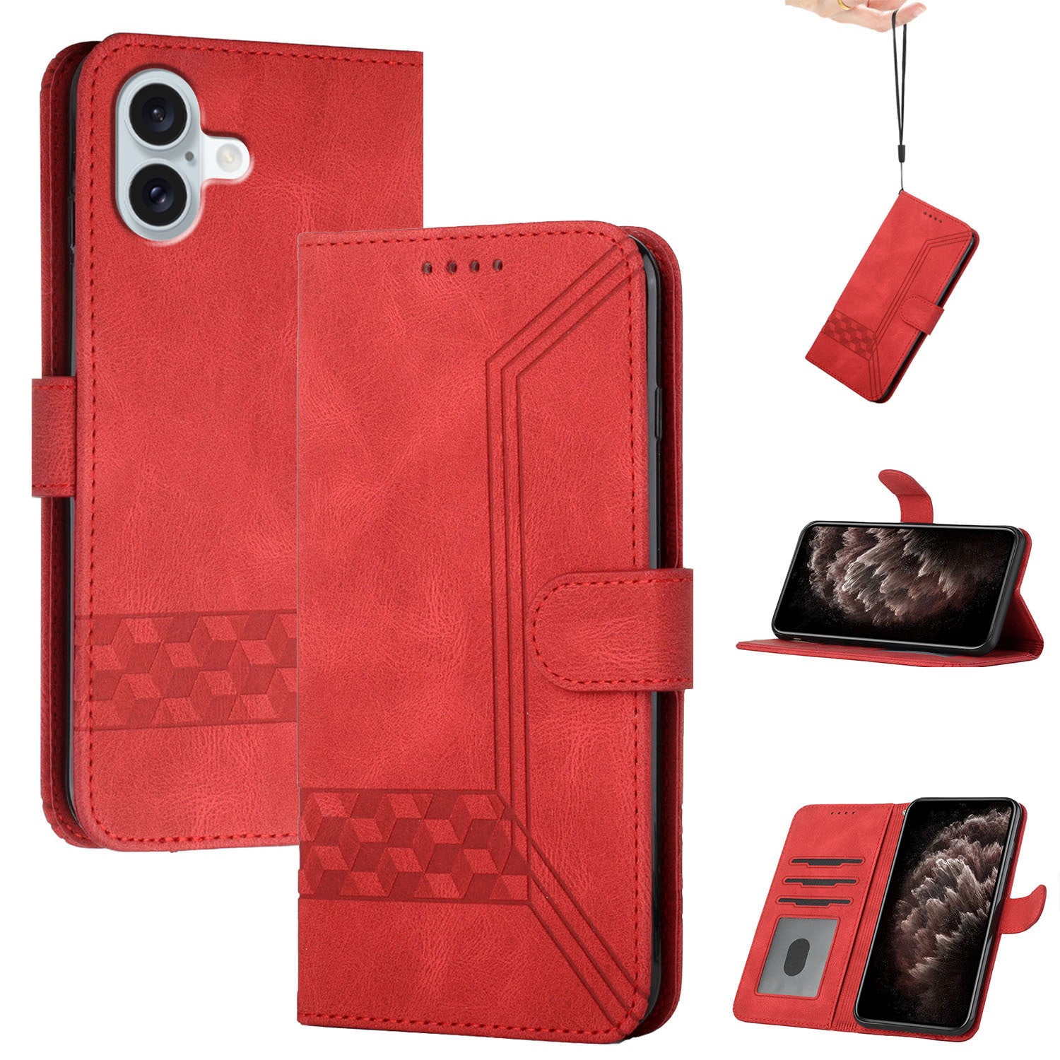 YX0010 Series for iPhone 16 Plus Case Rhombud Lines Imprinted Leather Phone Cover - Red