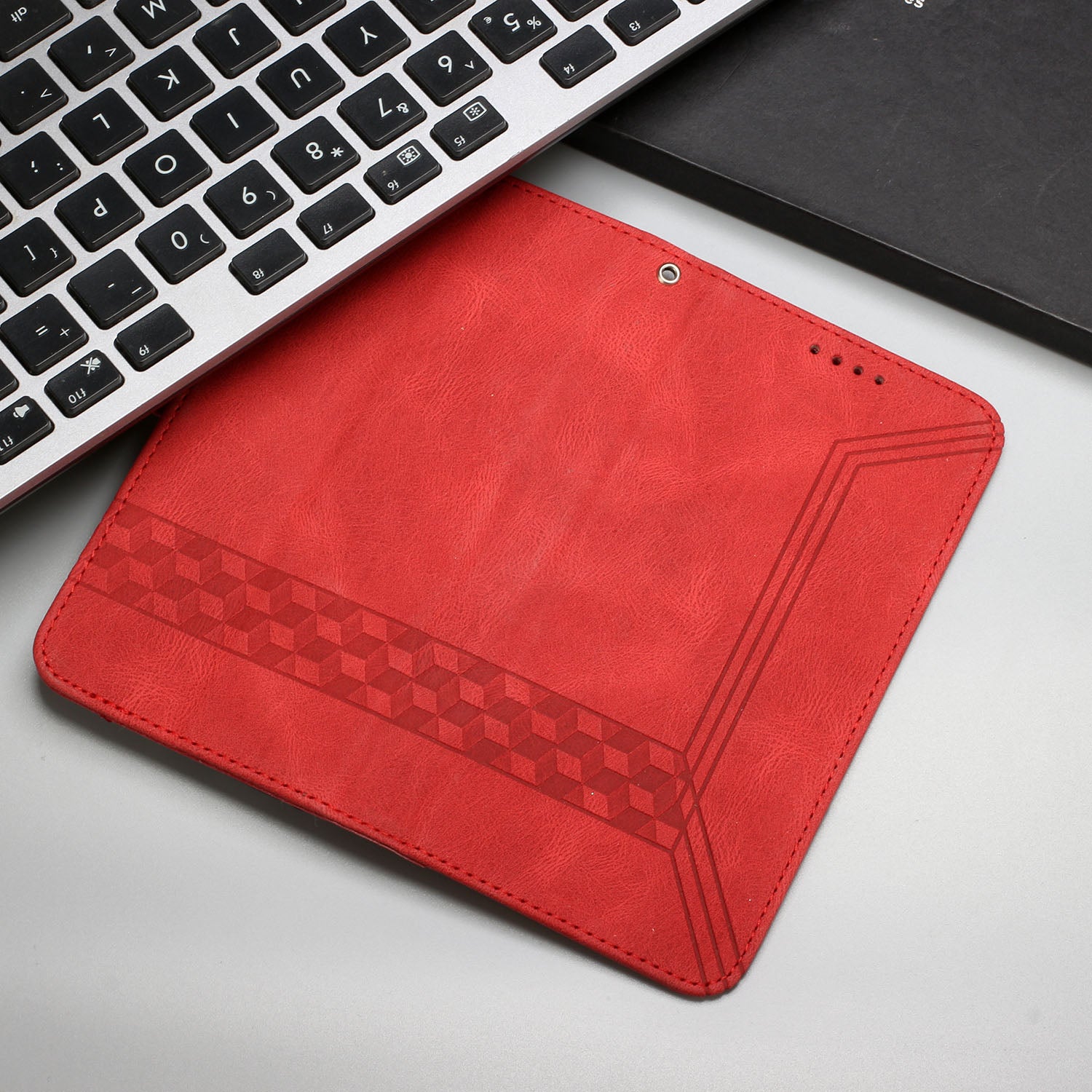 YX0010 Series for iPhone 16 Plus Case Rhombud Lines Imprinted Leather Phone Cover - Red