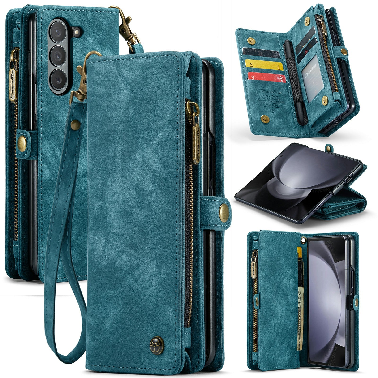 CASEME 008 Series for Samsung Galaxy Z Fold6 5G Case Leather Phone Cover Zipper Pocket - Blue