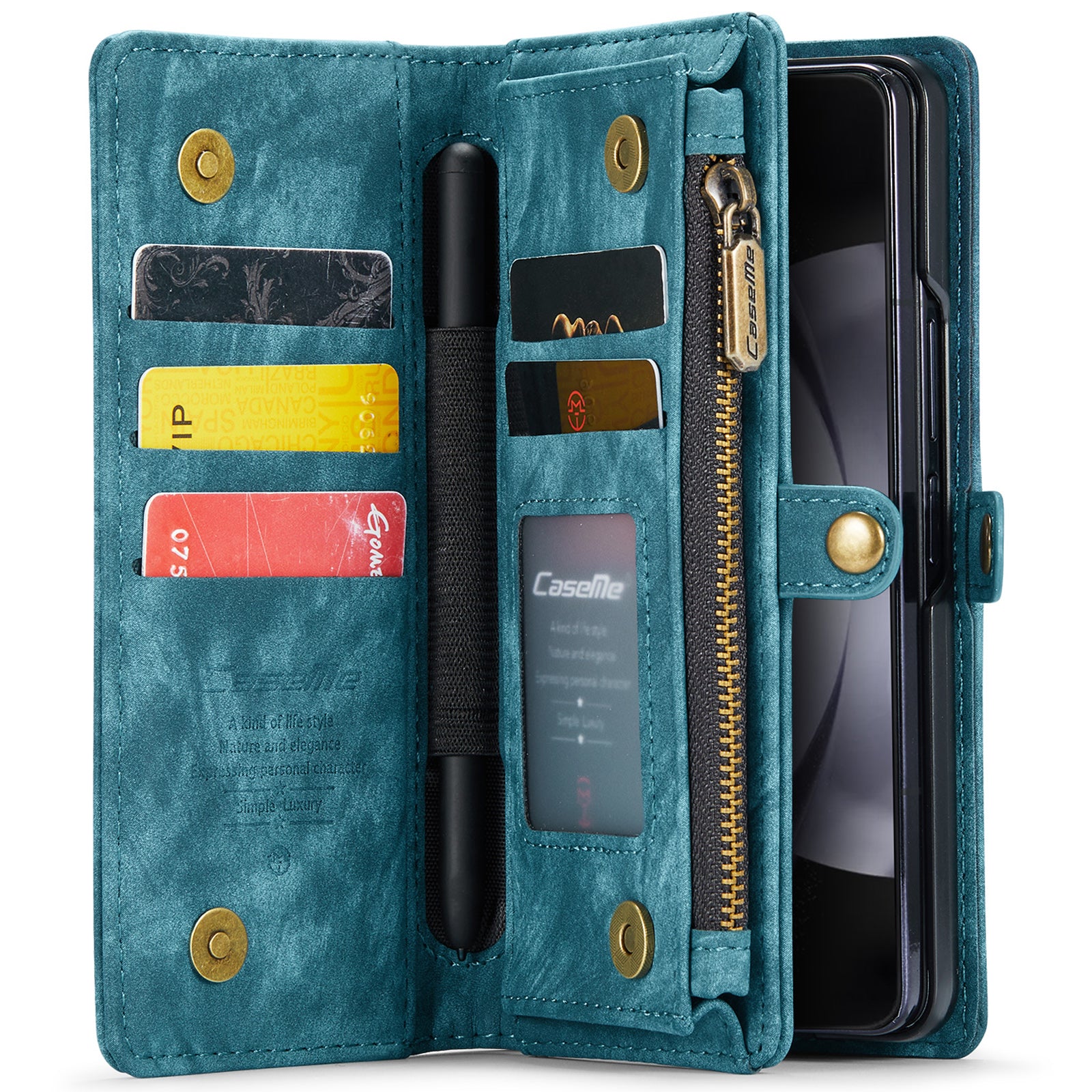 CASEME 008 Series for Samsung Galaxy Z Fold6 5G Case Leather Phone Cover Zipper Pocket - Blue