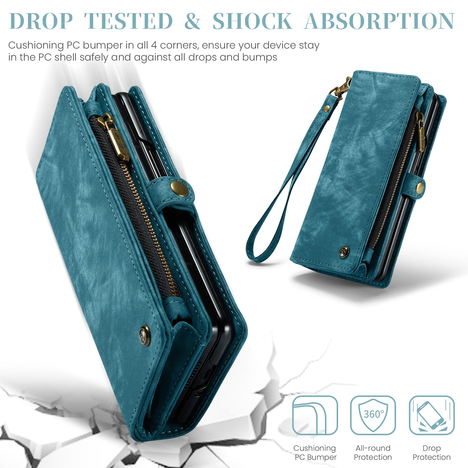 CASEME 008 Series for Samsung Galaxy Z Fold6 5G Case Leather Phone Cover Zipper Pocket - Blue