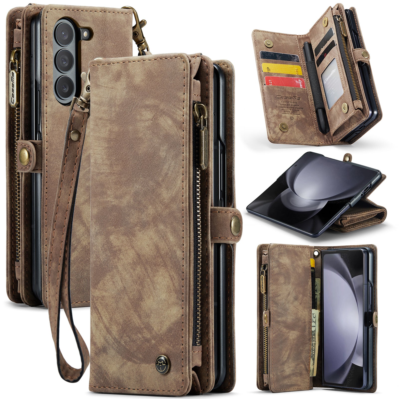 CASEME 008 Series for Samsung Galaxy Z Fold6 5G Case Leather Phone Cover Zipper Pocket - Brown