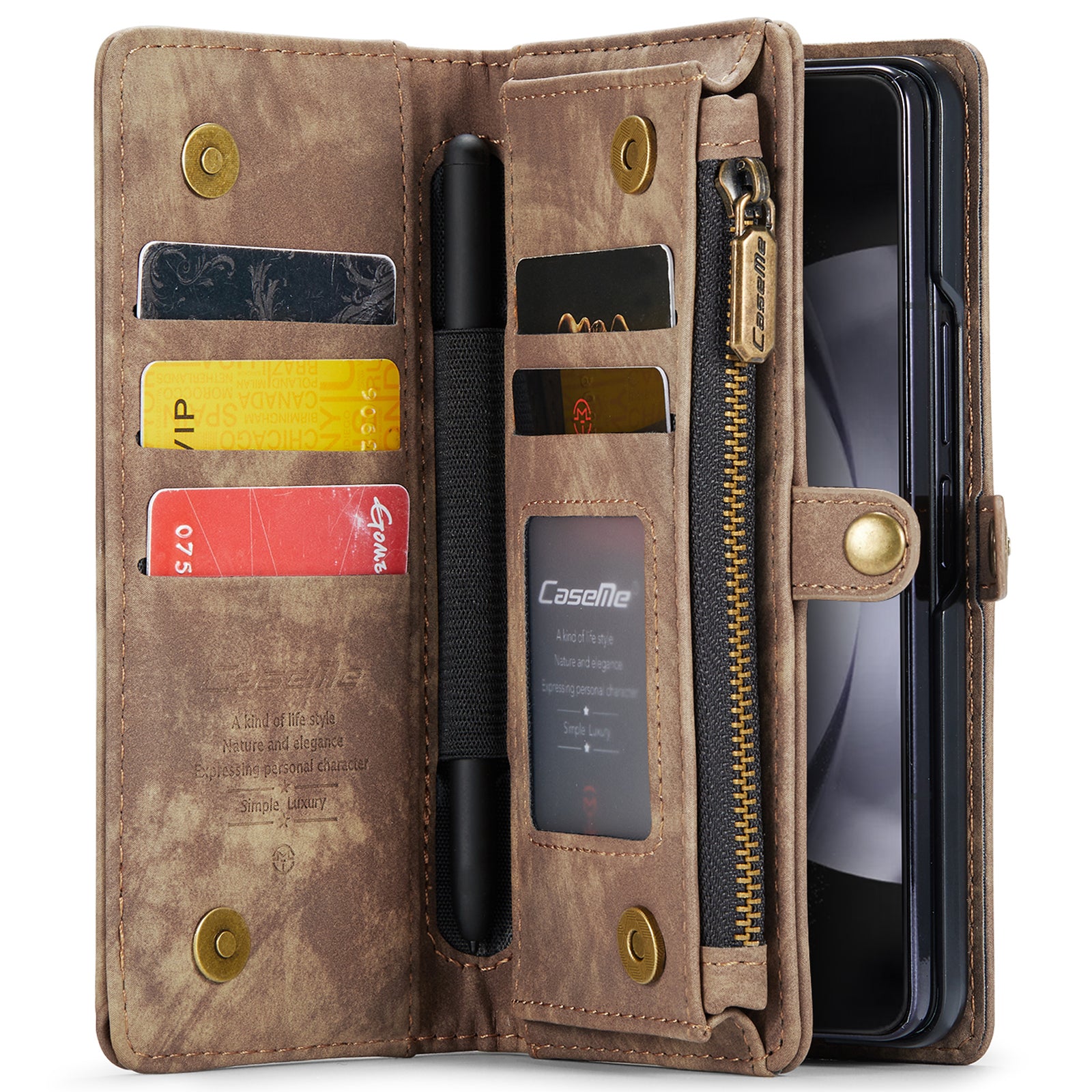 CASEME 008 Series for Samsung Galaxy Z Fold6 5G Case Leather Phone Cover Zipper Pocket - Brown