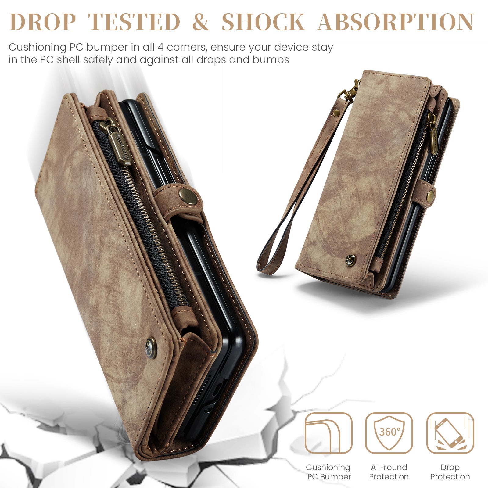 CASEME 008 Series for Samsung Galaxy Z Fold6 5G Case Leather Phone Cover Zipper Pocket - Brown