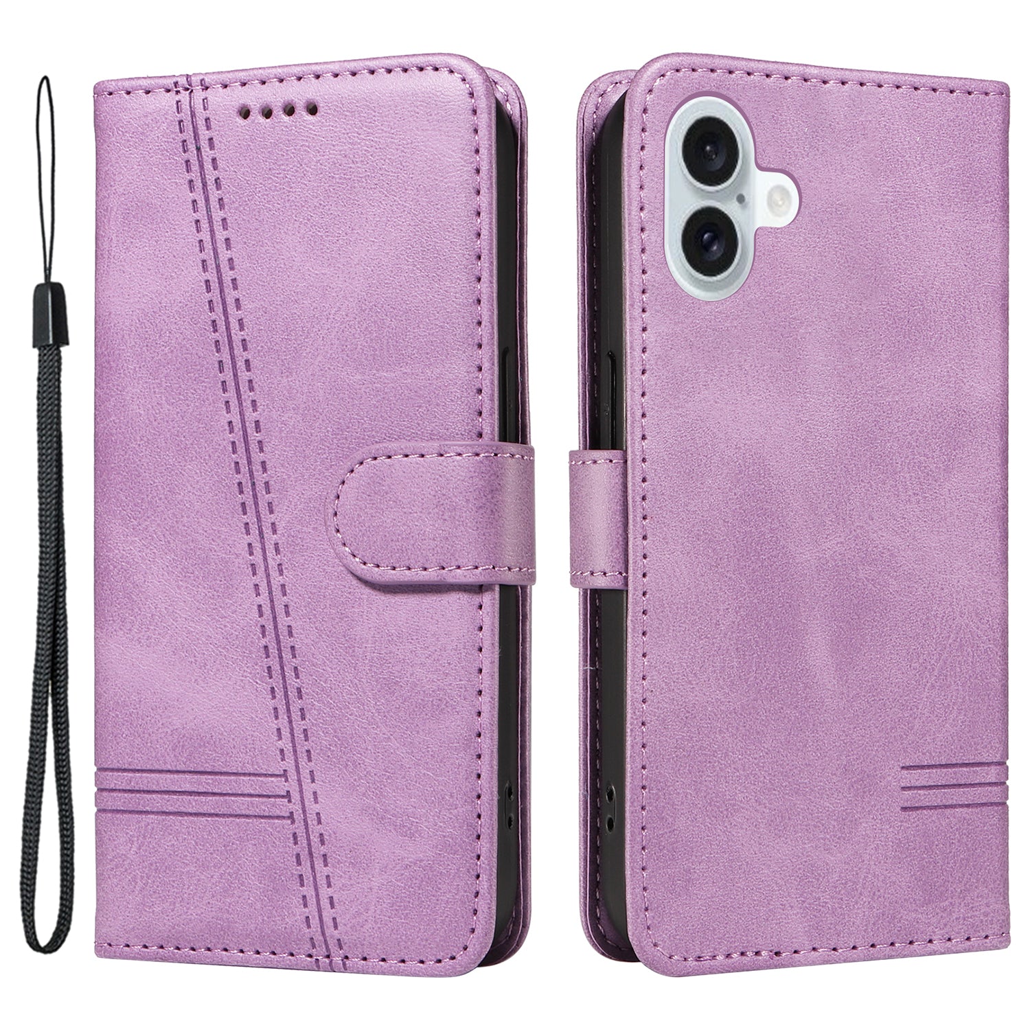 For iPhone 16 Plus Leather Case T-Shaped Lines Flip Phone Cover - Light Purple