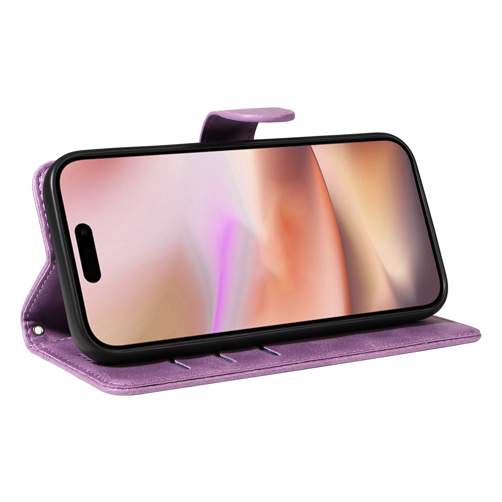 For iPhone 16 Plus Leather Case T-Shaped Lines Flip Phone Cover - Light Purple