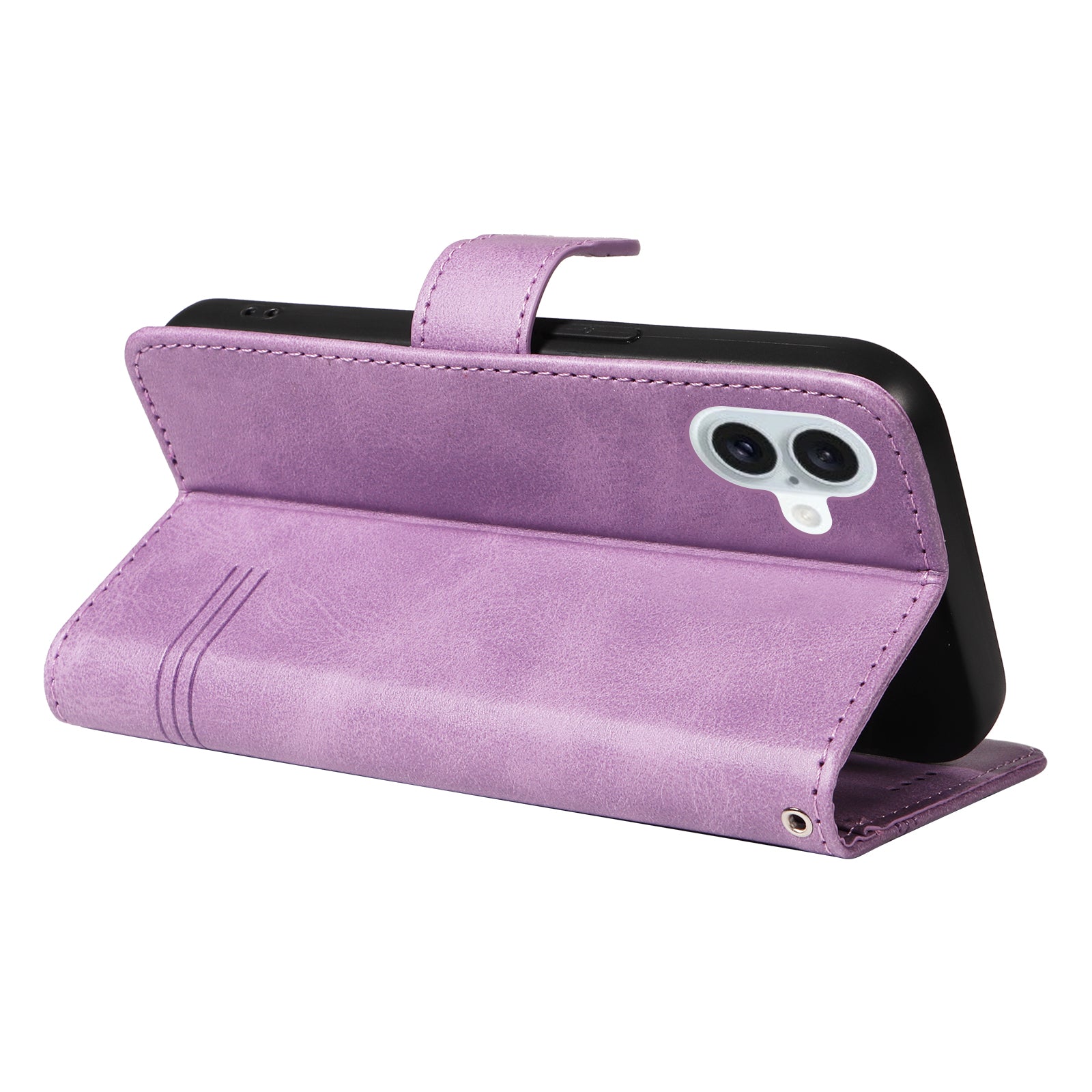 For iPhone 16 Plus Leather Case T-Shaped Lines Flip Phone Cover - Light Purple