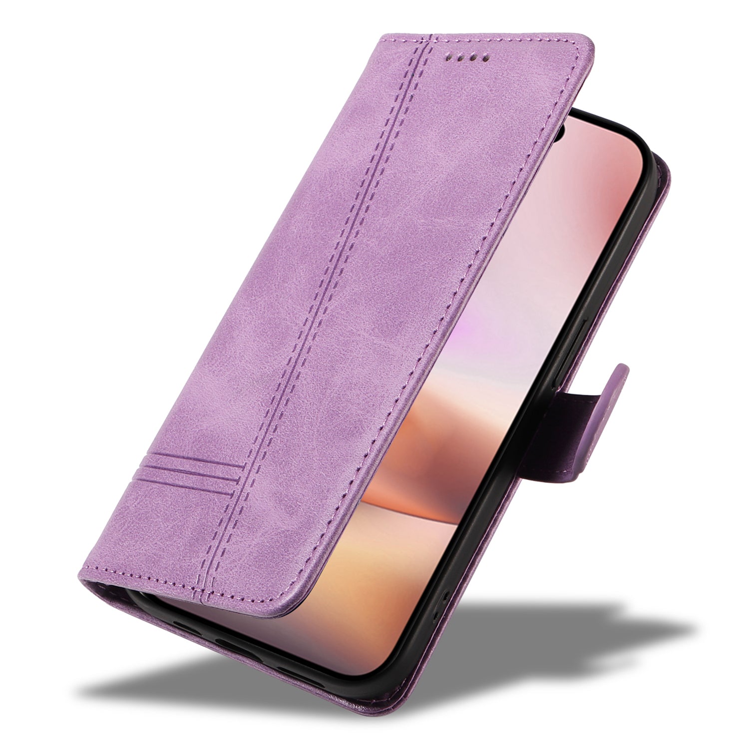 For iPhone 16 Plus Leather Case T-Shaped Lines Flip Phone Cover - Light Purple