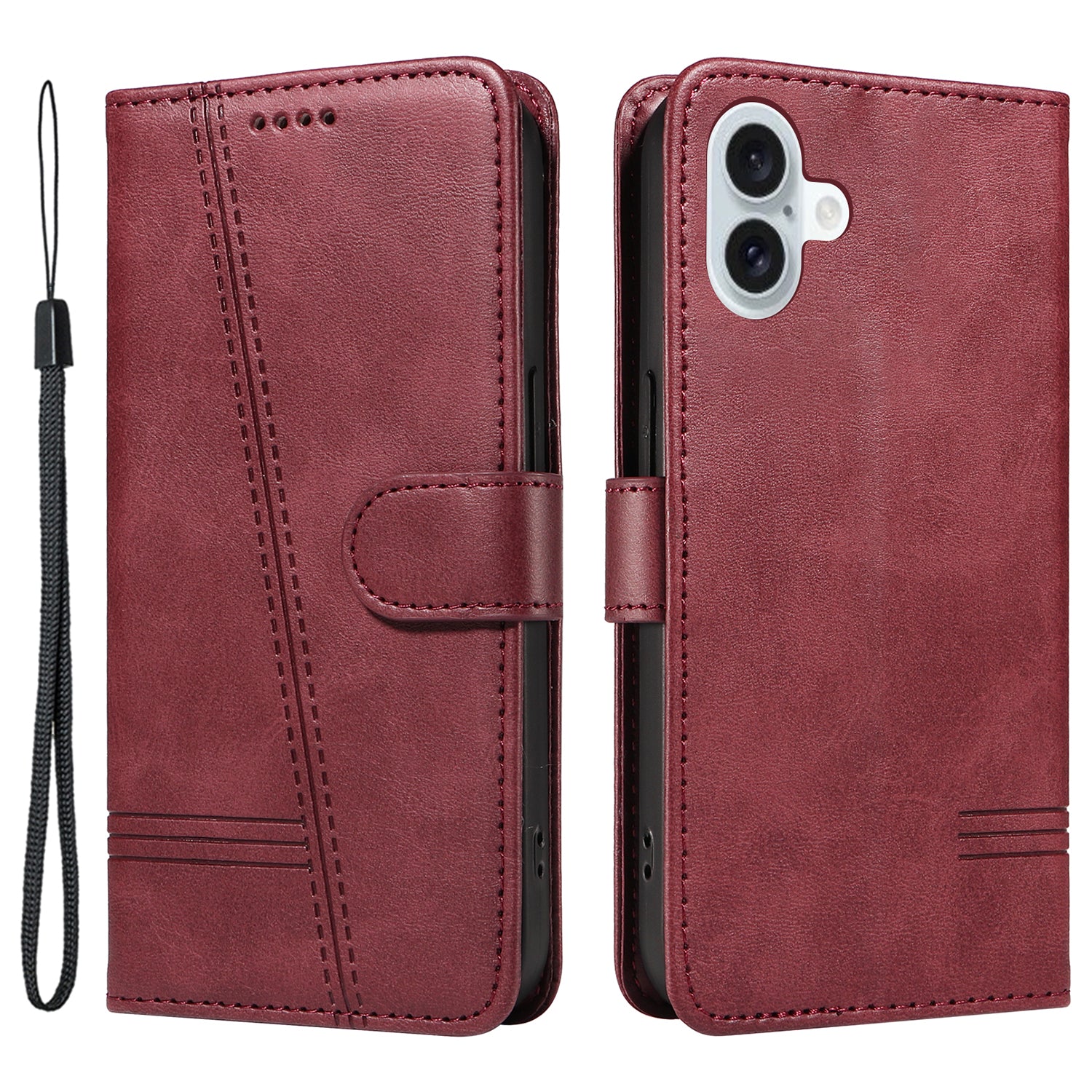 For iPhone 16 Plus Leather Case T-Shaped Lines Flip Phone Cover - Wine Red