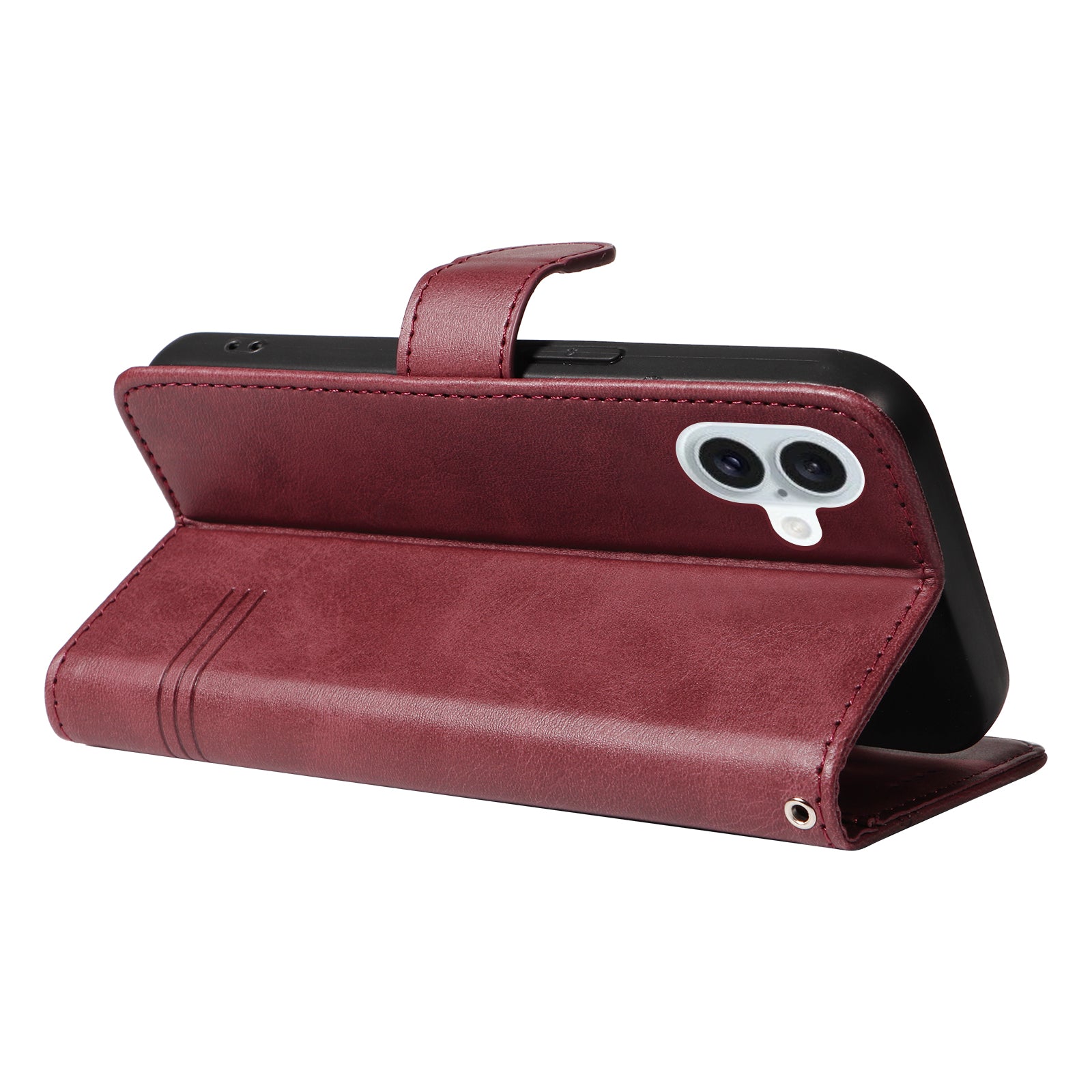 For iPhone 16 Plus Leather Case T-Shaped Lines Flip Phone Cover - Wine Red